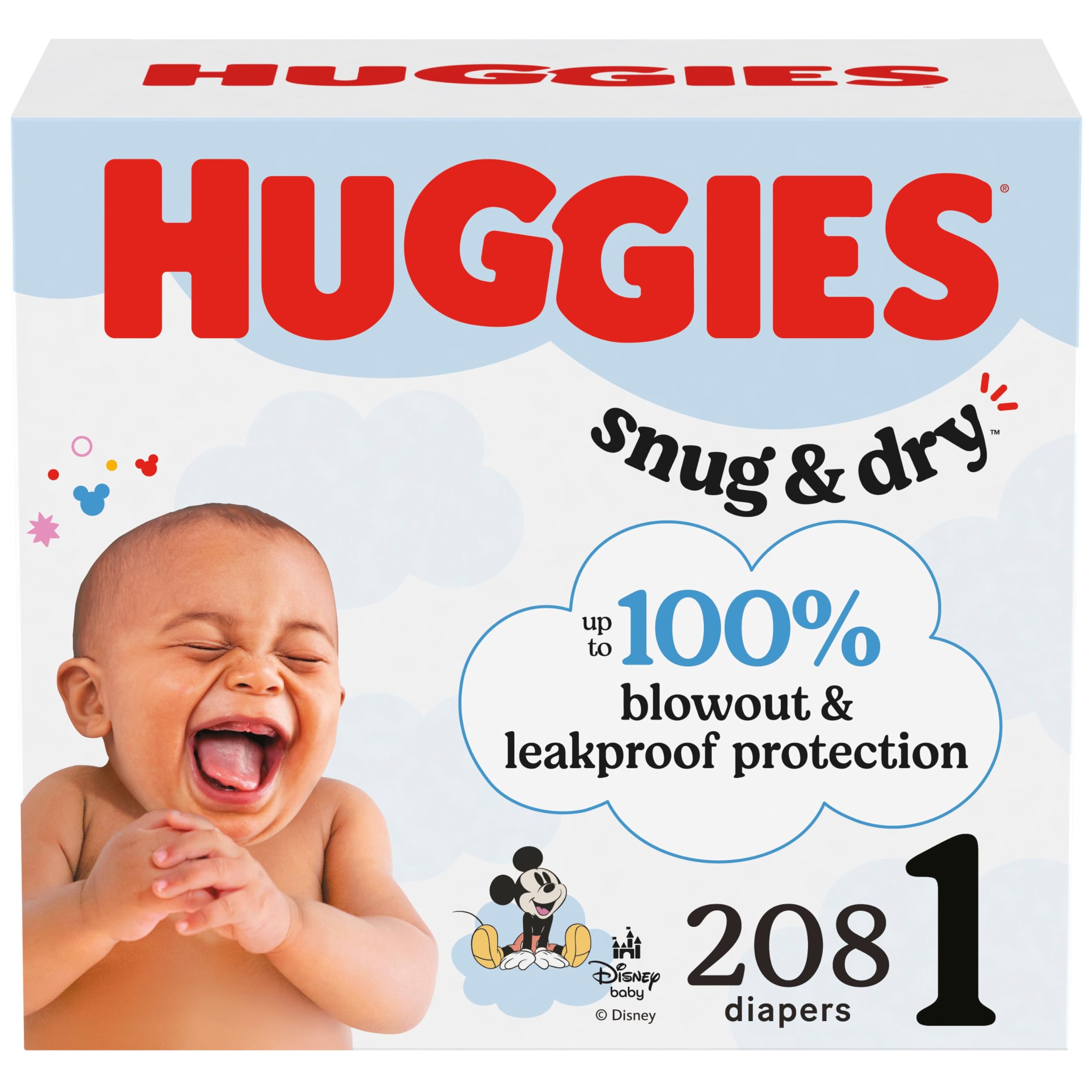 Huggies Size 1 Diapers, Snug & Dry Newborn Diapers, Size 1 (8-14 lbs), 208 Count, Packaging May Vary