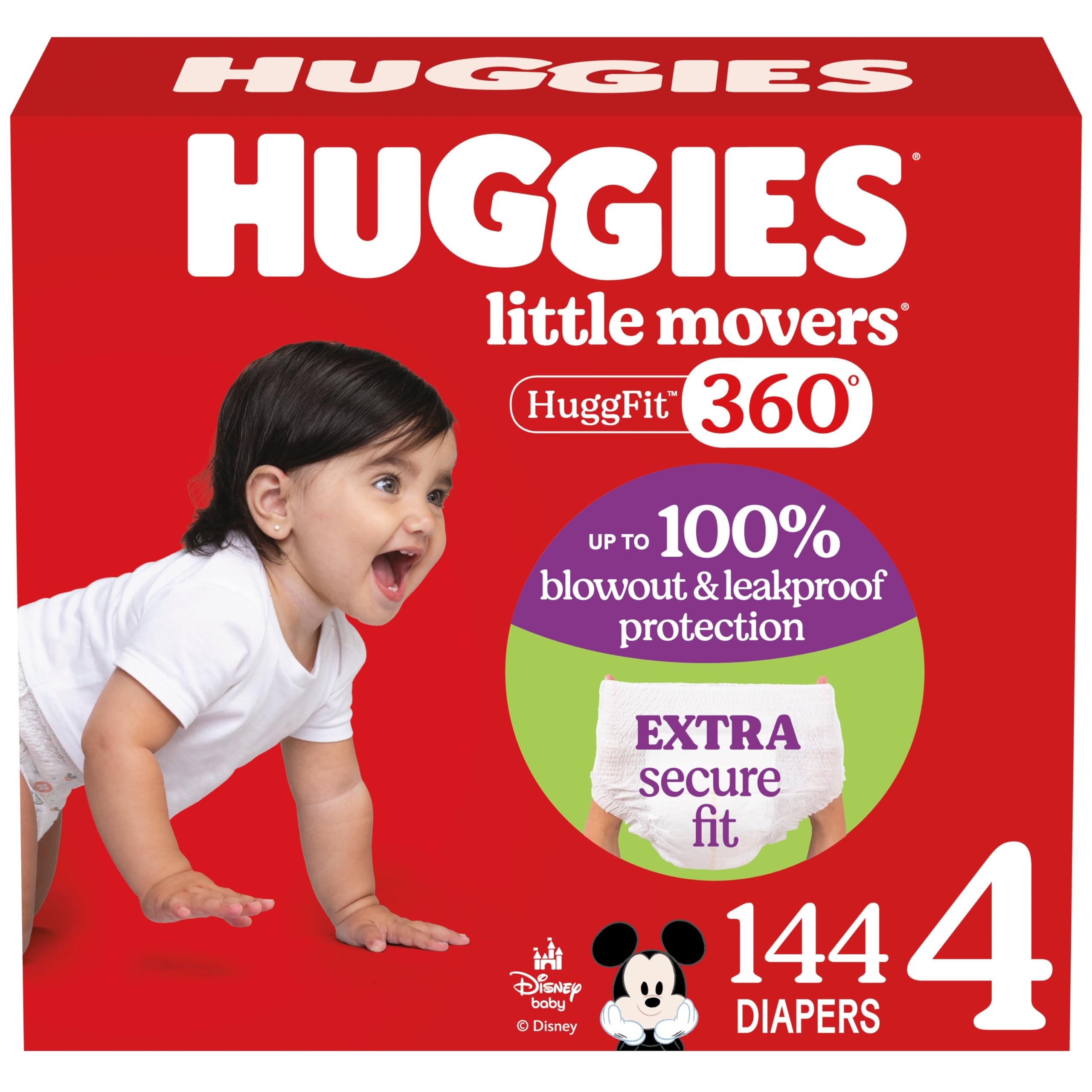 Huggies Size 4 Baby Diapers, Little Movers HuggFit 360degree Baby Diapers with 360degree Waistband, Size 4 (22-37 lbs), 144 Count, Packaging May Vary