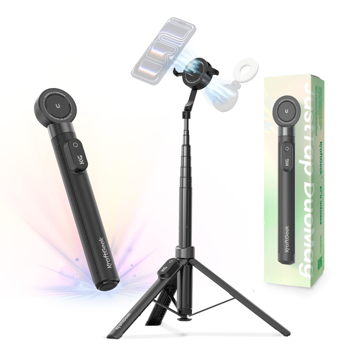 KraftGeek 67" Dual-Sided Auto-Open Magnetic Tripod for iPhone (Black)