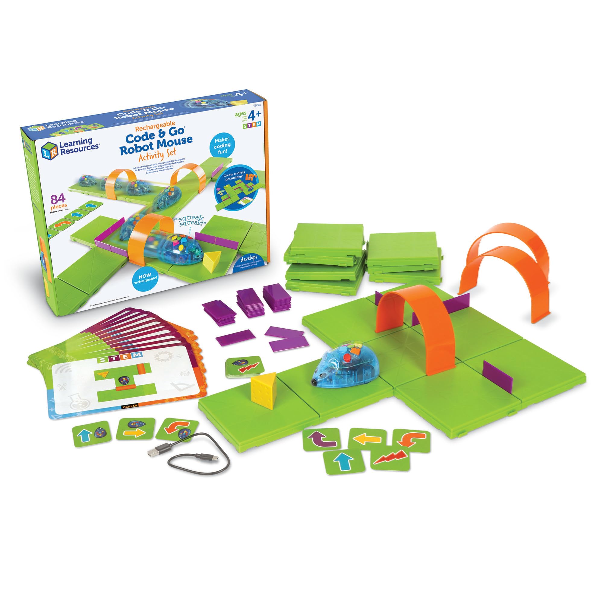 Learning Resources Code & Go Robot Mouse Activity Set Rechargeable, Screen-Free Early Coding Toy for Kids, Interactive STEM Coding Pet, Ages 4+, 83 Pieces