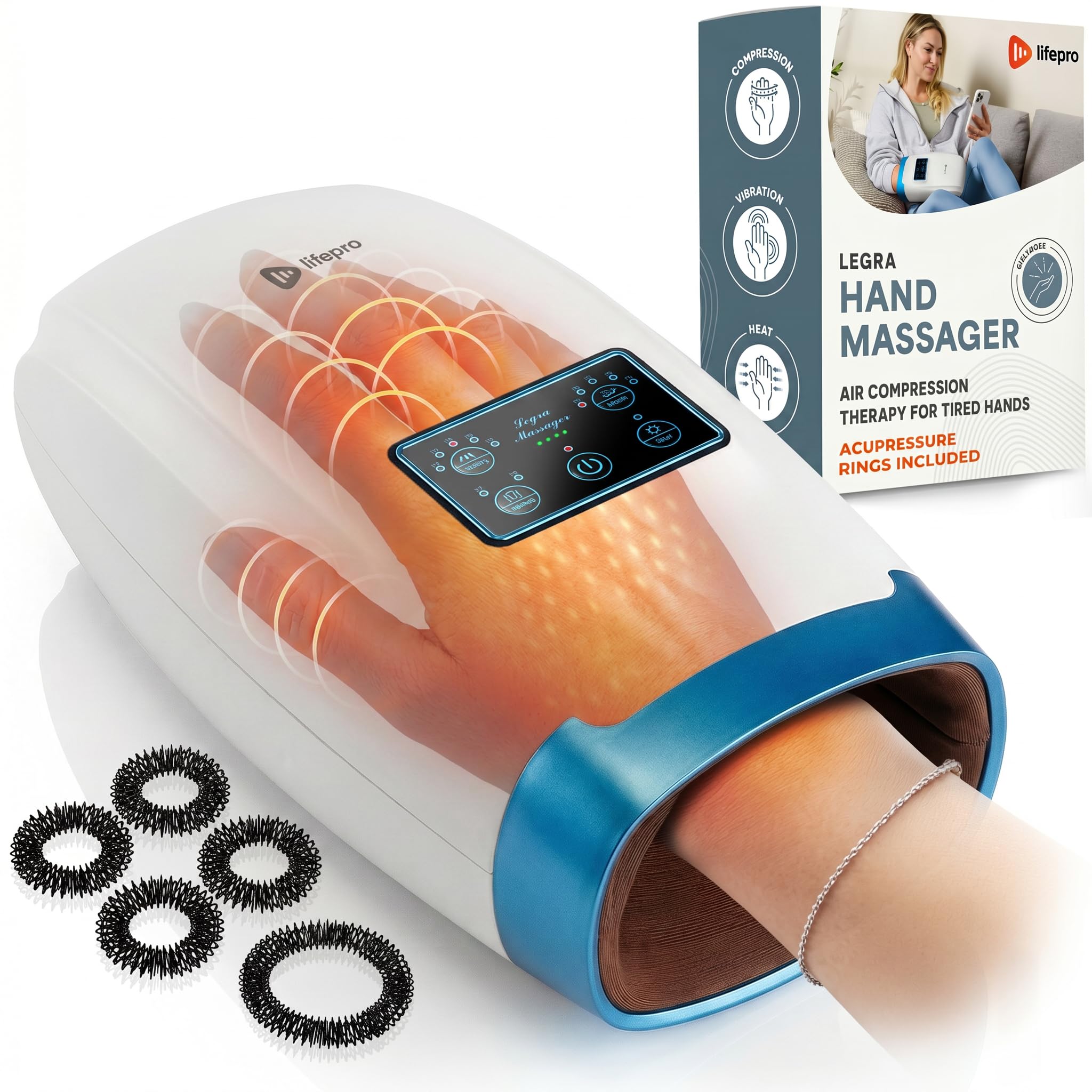 Lifepro Legra Cordless Hand Massager, Heat, Compression, Vibration- 5 Modes