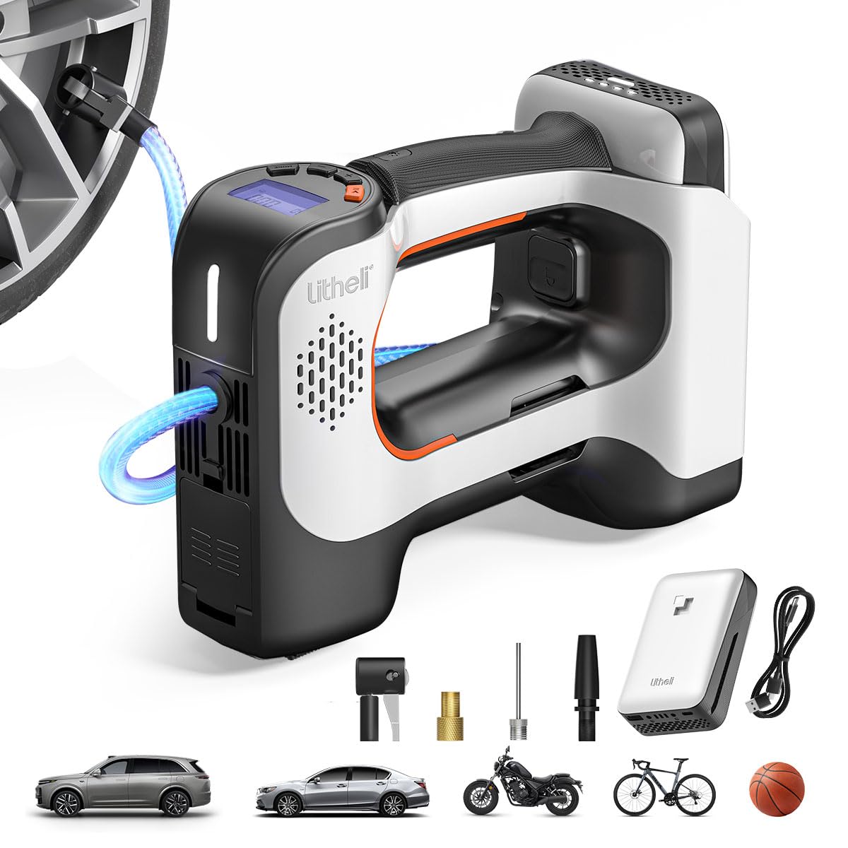 Litheli Cordless Air Compressor, 20V Portable Air Compressor, Cordless Tire Pump for Car, Bike, Sport Ball, Battery Tire Inflator, 3 Nozzle Adapters, 150 PSI, with 2.0 Ah U-Battery