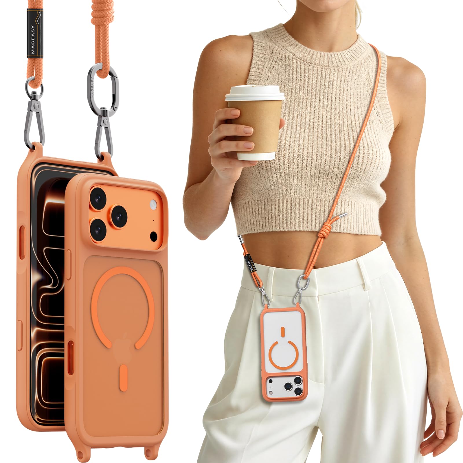 MAGEASY Roam MagSafe Crossbody iPhone Case with Adjustable Strap for iPhone 18 Pro Max / 17 Pro Max, Magnetic Case with Detachable Lanyard, 16FT Drop Defense, Camera Control Compatible (Coral)