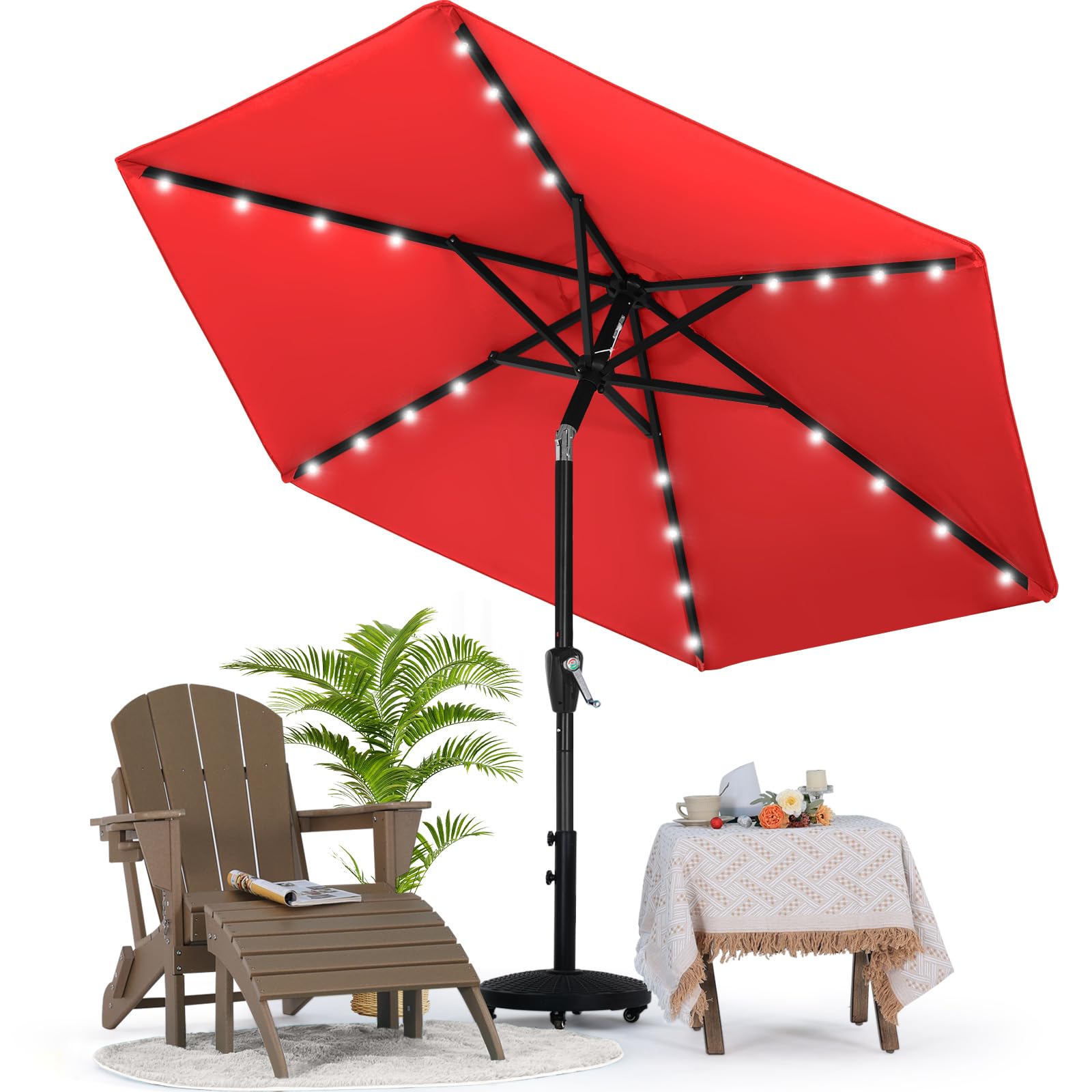 MASTERCANOPY Patio Umbrella with 32 Solar LED Lights for Outdoor Market Table -8 Ribs(11ft,Red)