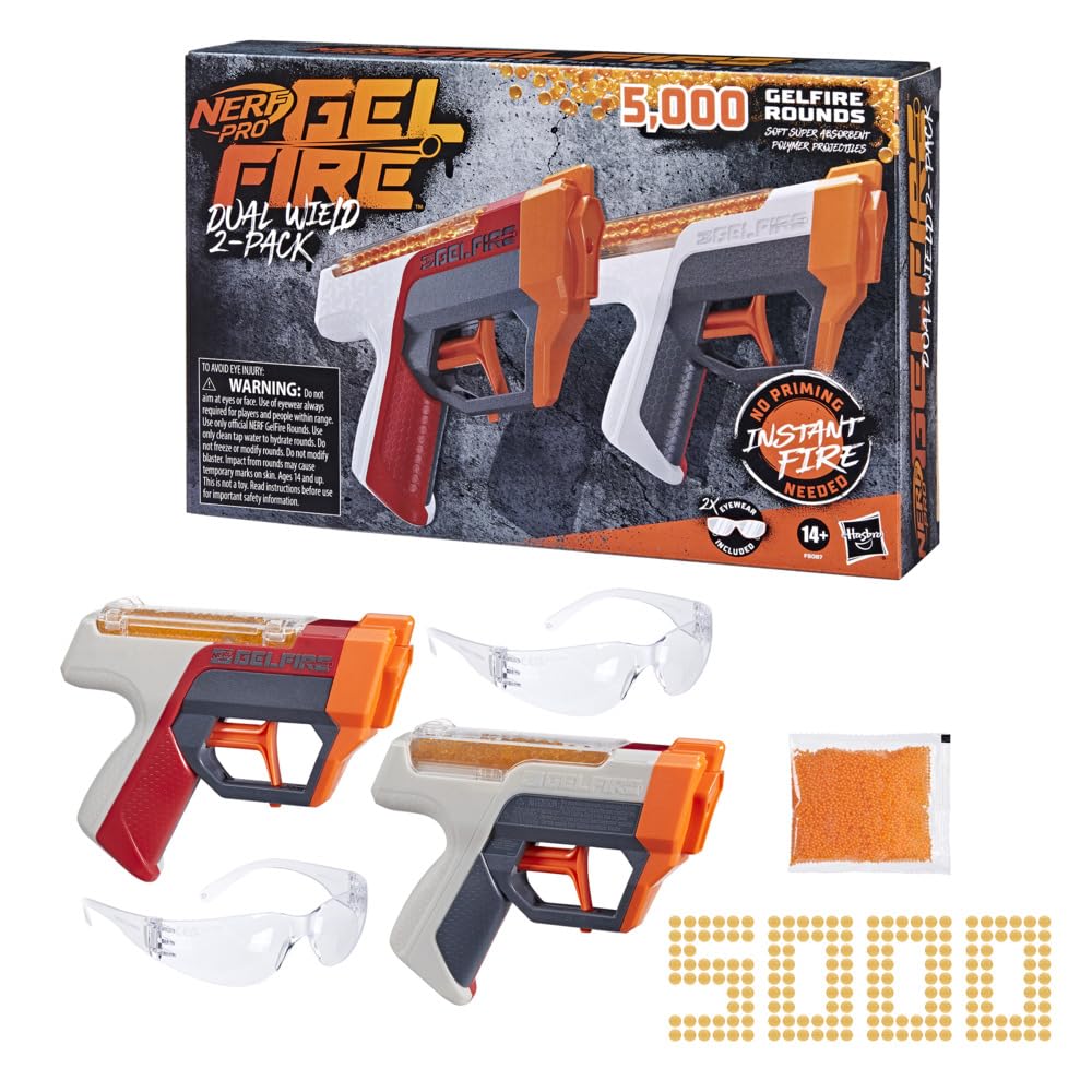 Nerf Pro Gelfire Dual Wield Pack, 2 Blasters, No-Prime Firing, 5000 Gelfire Rounds, 2X 100 Round Integrated Hoppers, 2 Eyewear, Ages 14 & Up