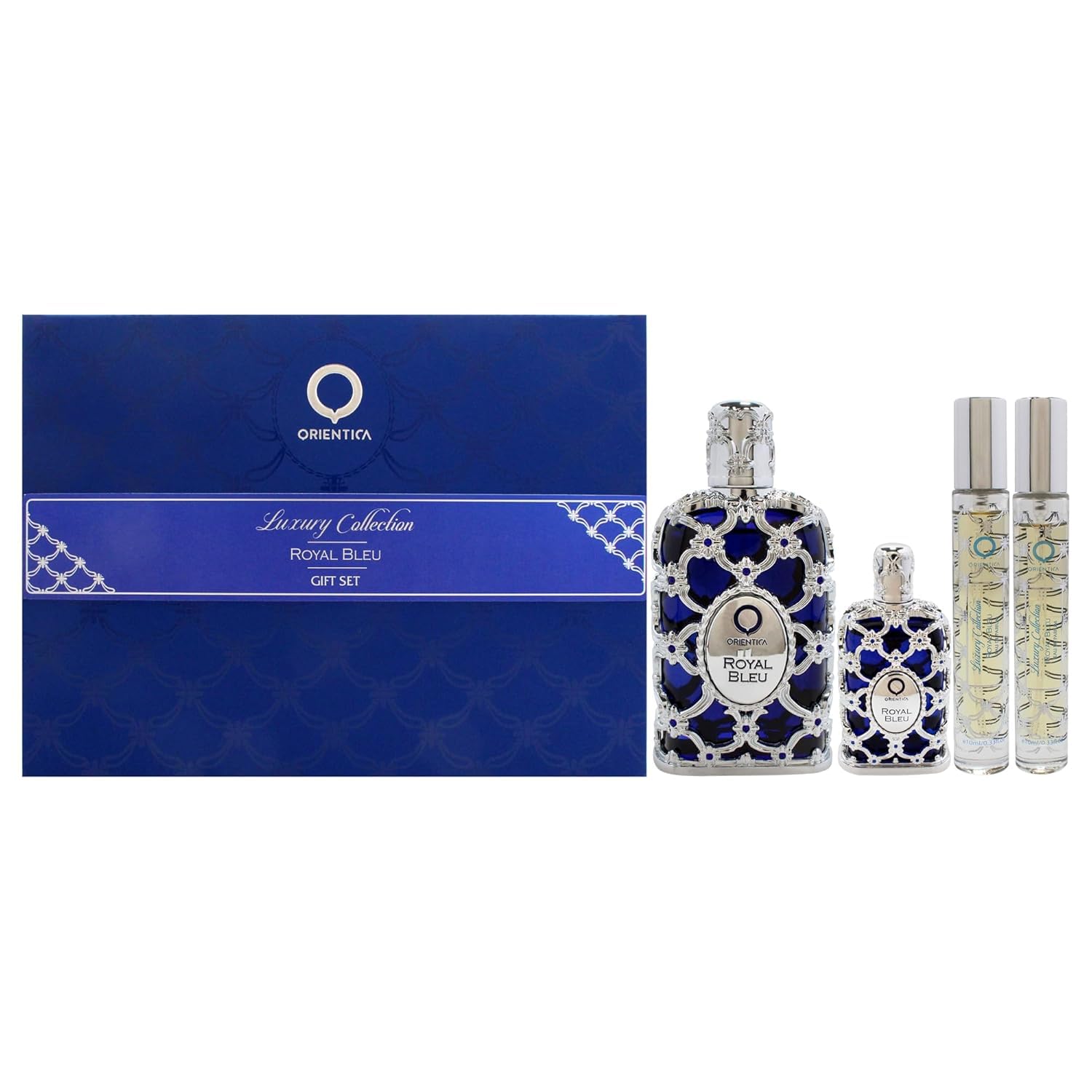 Orientica Royal Bleu for Unisex - 4 Pc Gift Set 2.7oz EDP Spray, 2 x 10ml EDP Spray, 7.5ml Splash