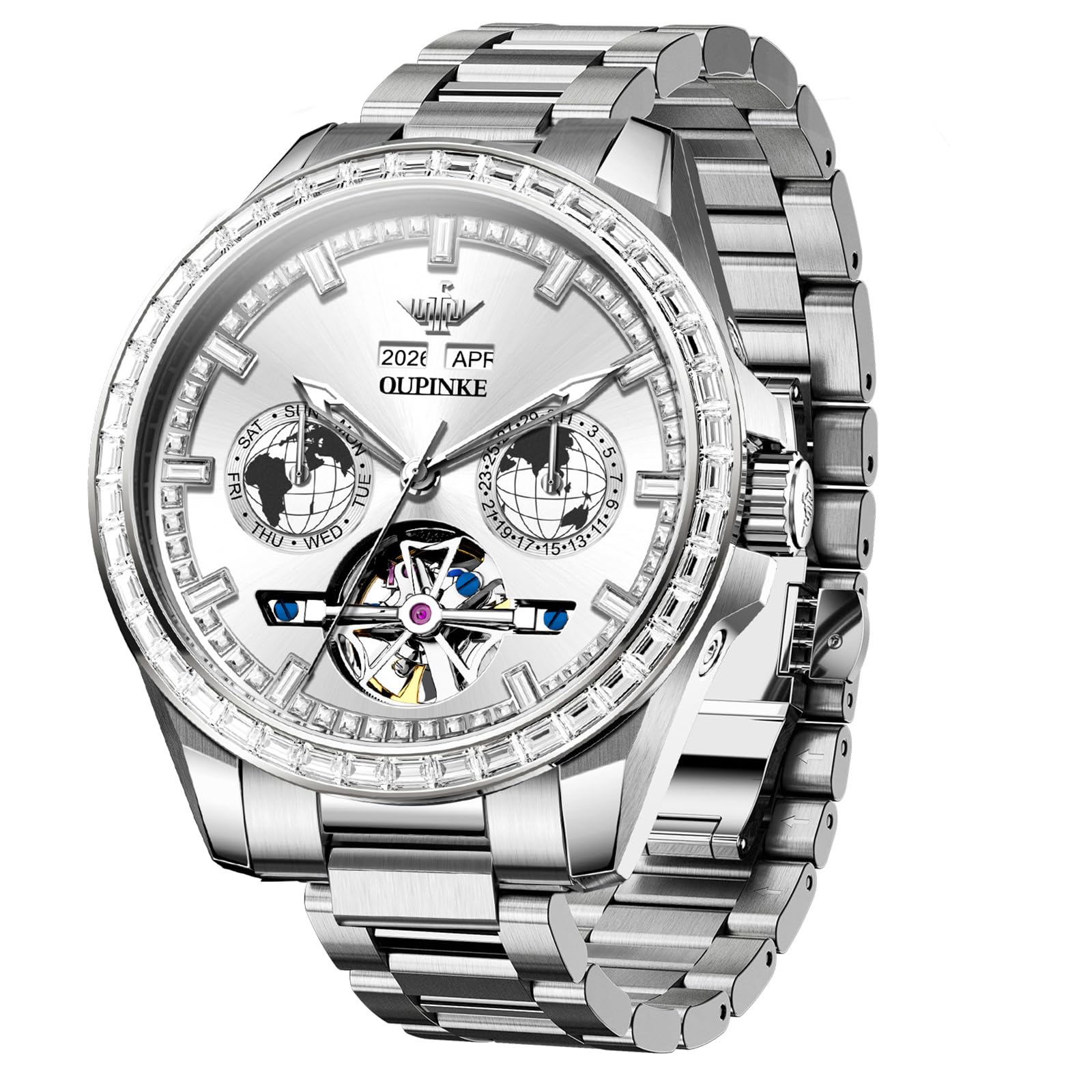 OUPINKE Watch for Men Automatic Wristwatch Diamond Sapphire Crystal Skeleton