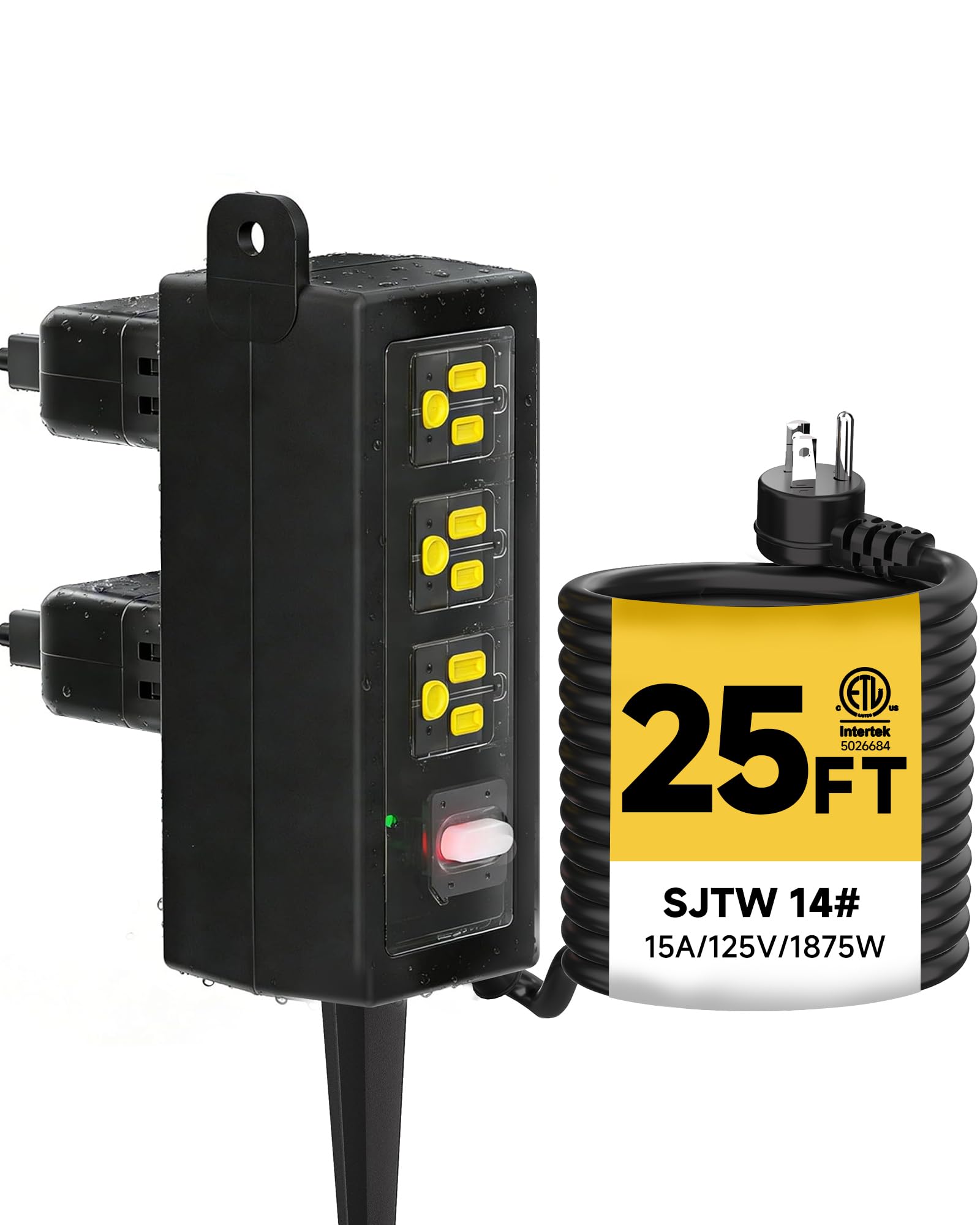 Outdoor Extension Cord, 6 Wide Outlets, 1875W/15A, 25FT 14AWG Heavy Duty SJTW Power Strip with Surge Protector, All-Weather & IP66 Fully Waterproof, Ideal for Patio, Garden, Pool, RV, Black