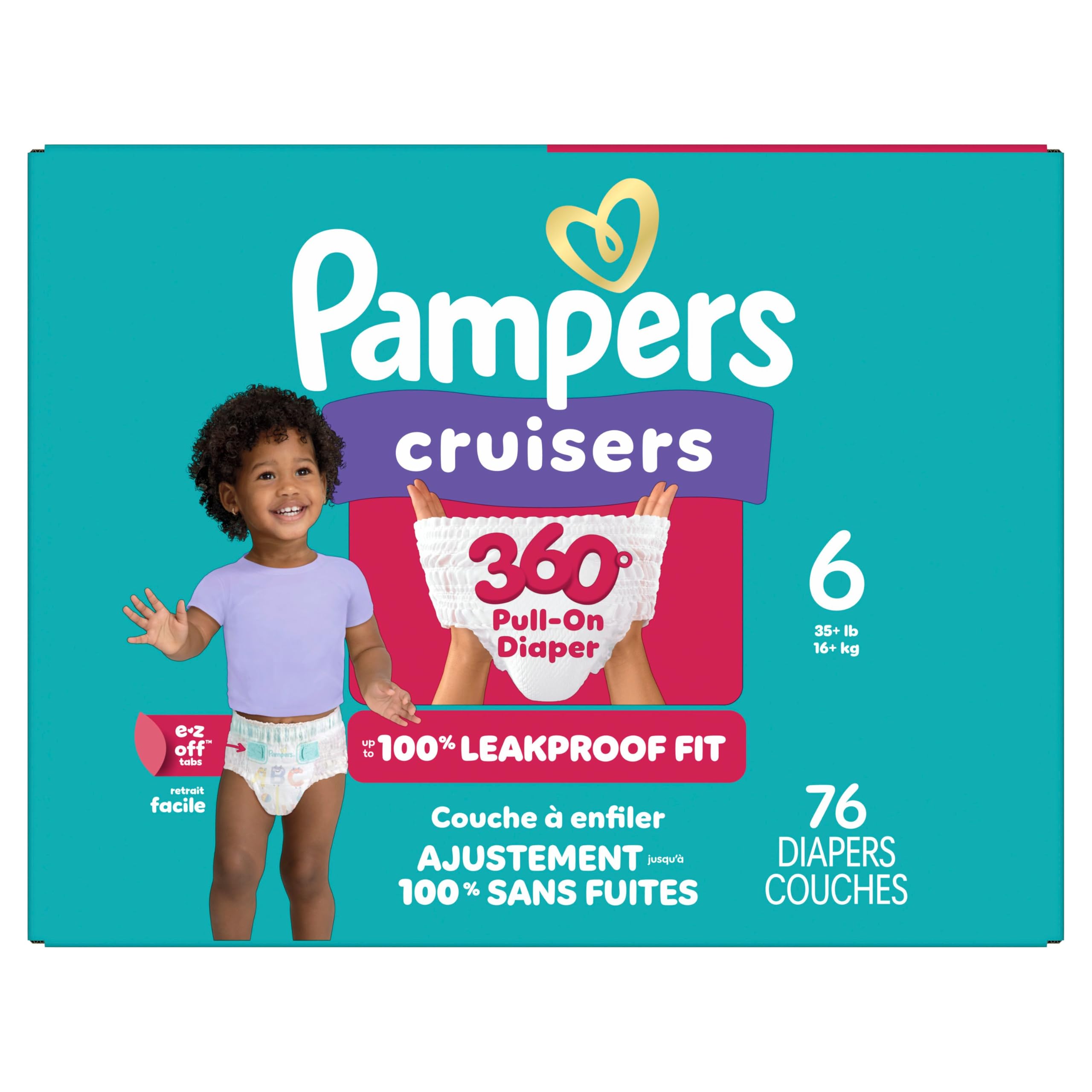 Pampers Diapers - Cruisers 360 degrees - Size 6, 76 Count, up to 100% Leakproof Fit, Designed for Active Babies, Pull On Diaper, EZ Off Tabs Designed for Easy Changes