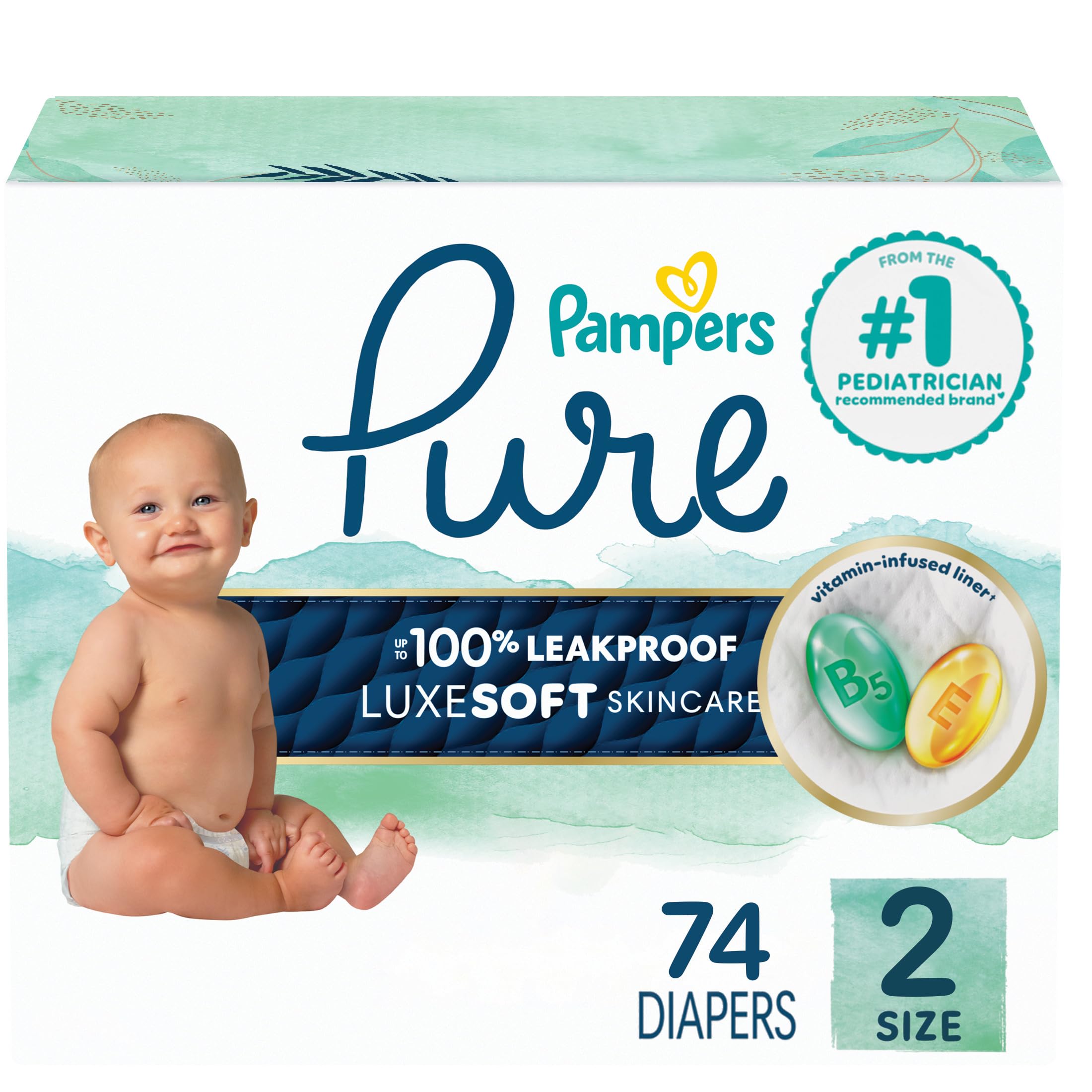 Pampers Pure Baby Diapers, Size 2 (12-18 lbs), 74