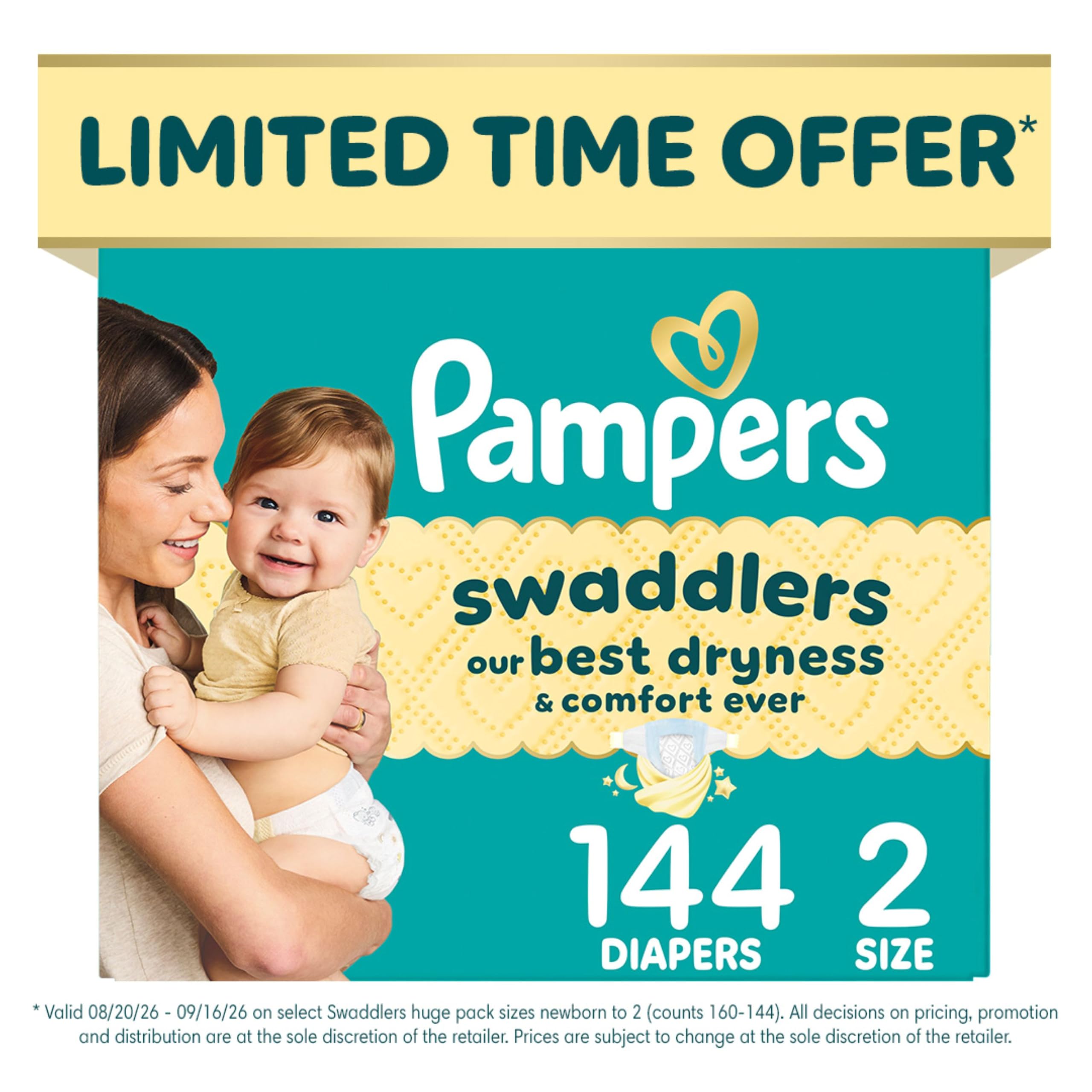 Pampers Swaddlers Diapers, Size 2 (10-22 lbs), 144 Count, Absorbent, Keeps Baby Dry and Comfortable, Skin Safe Disposable Baby Diaper