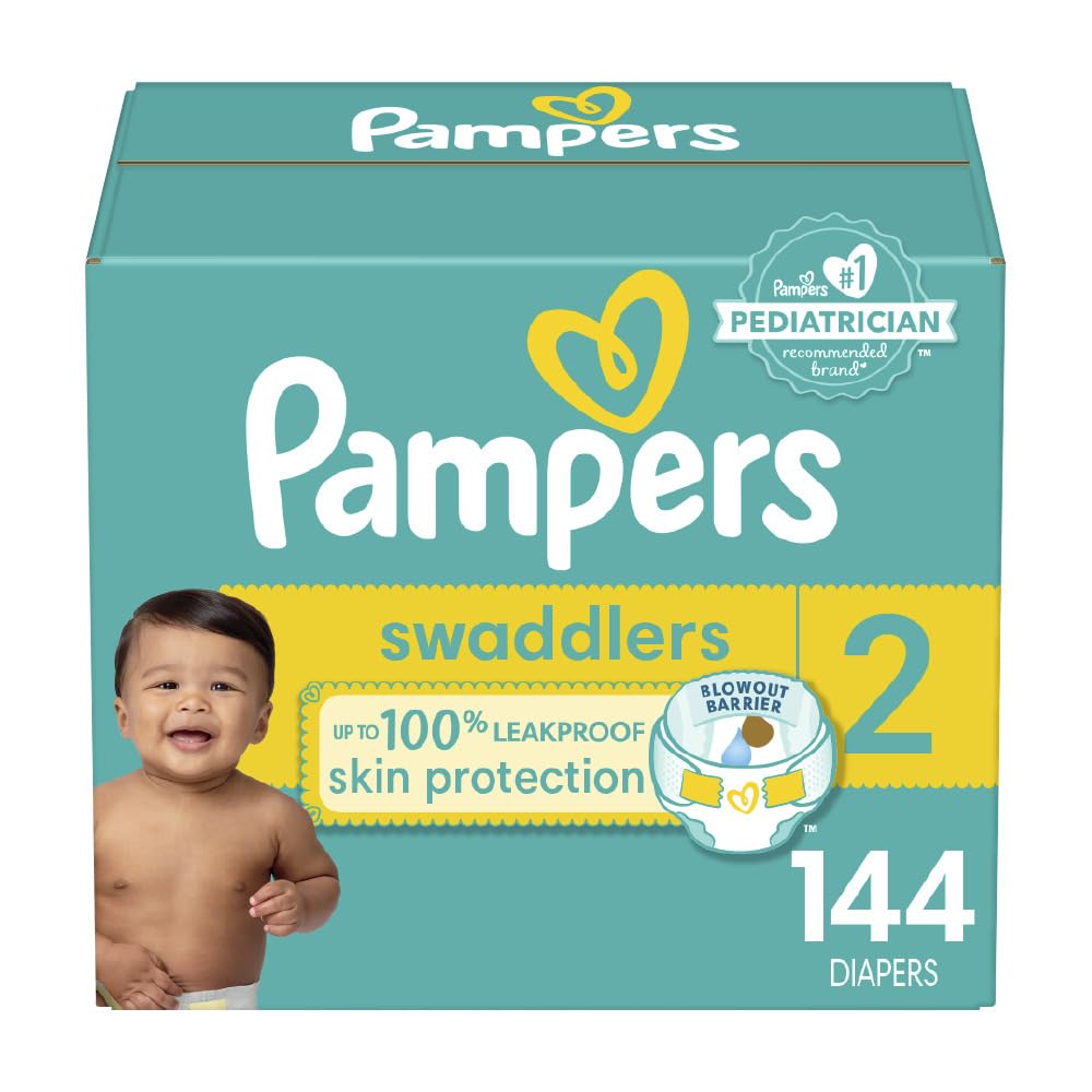 Pampers Swaddlers Diapers, Size 2 (10-22 lbs), 144 Count, Absorbent, Keeps Baby Dry and Comfortable, Skin Safe Disposable Baby Diaper