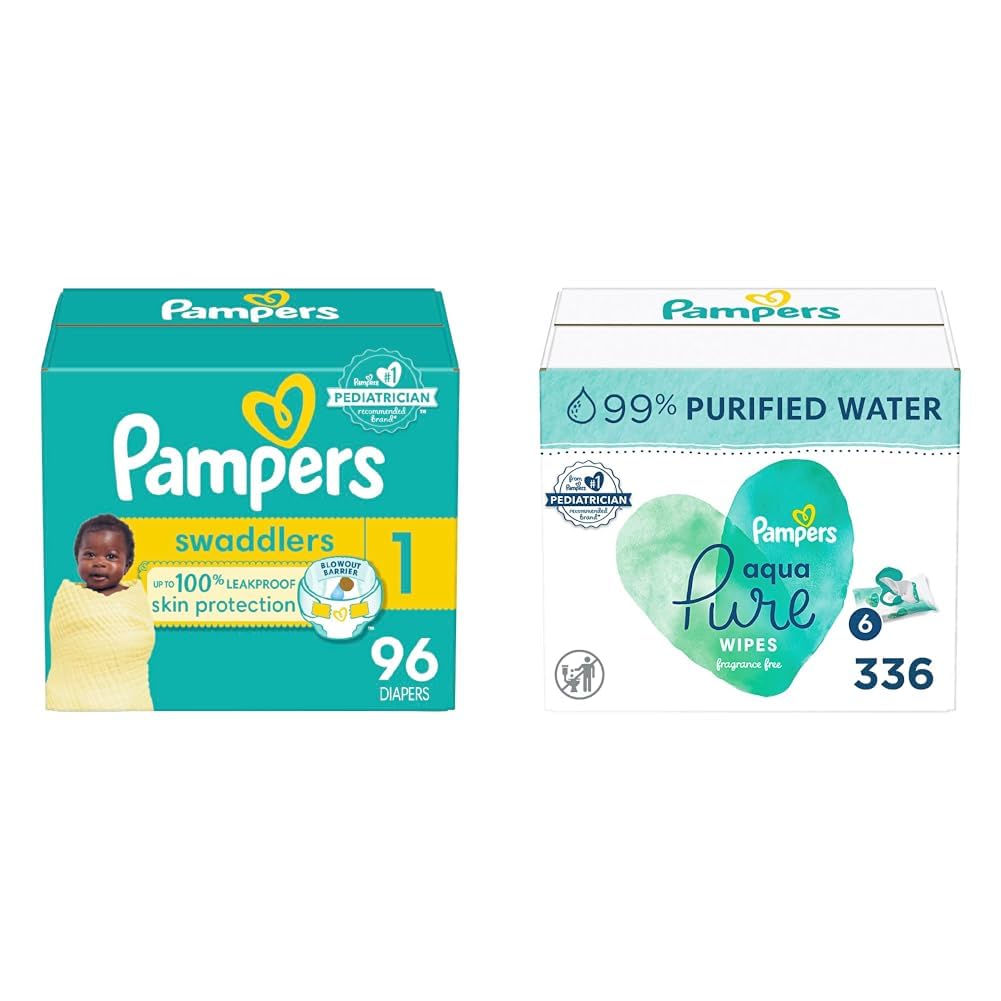 Pampers Swaddlers Newborn Diaper Size 1 96 Count[packing may vary] & Aqua Pure Sensitive Baby Wipes 6X Pop-Top 336 Count