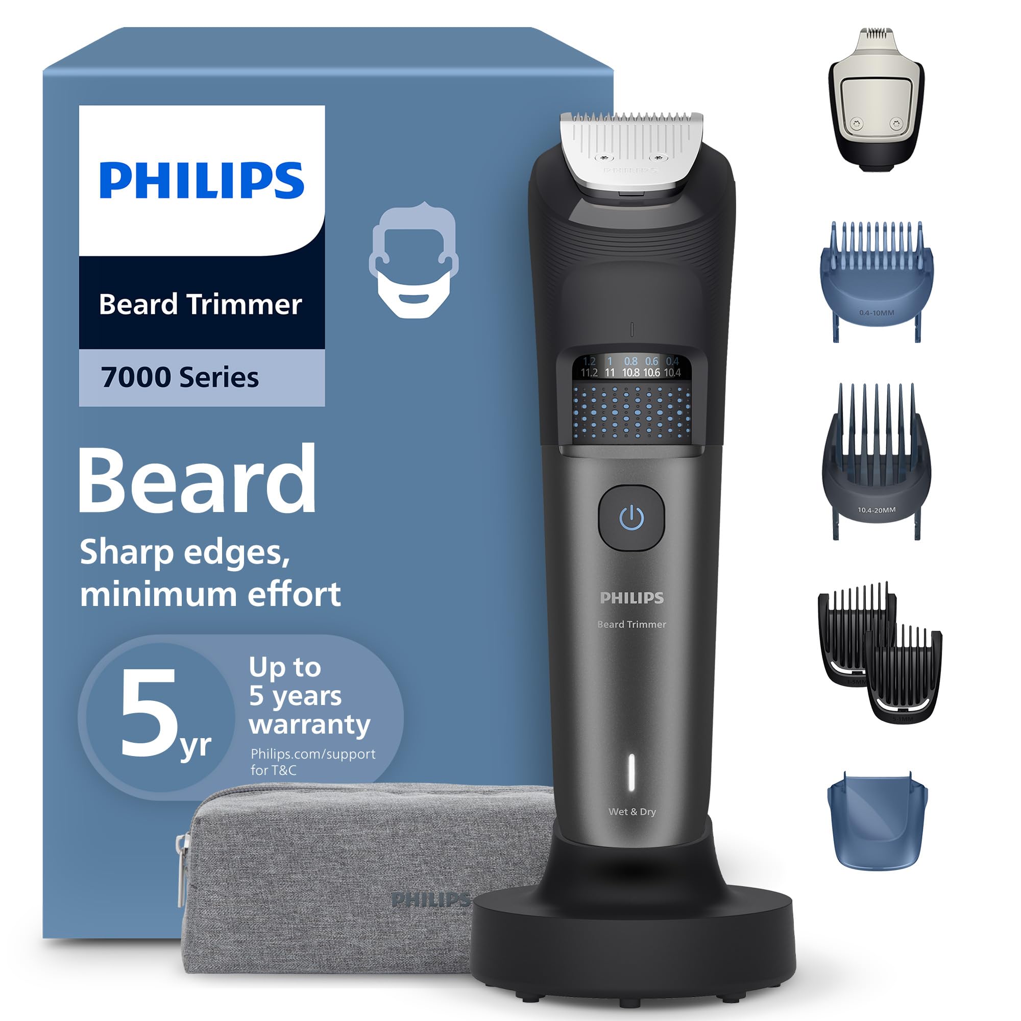Philips Beard Trimmer 7000 Series - Self-sharpening Metal Blades, 40 Lock-in Settings, BeardSense Technology, Hair Collector, 100% Waterproof, Charging Stand, Travel Pouch, Model BT7665/15