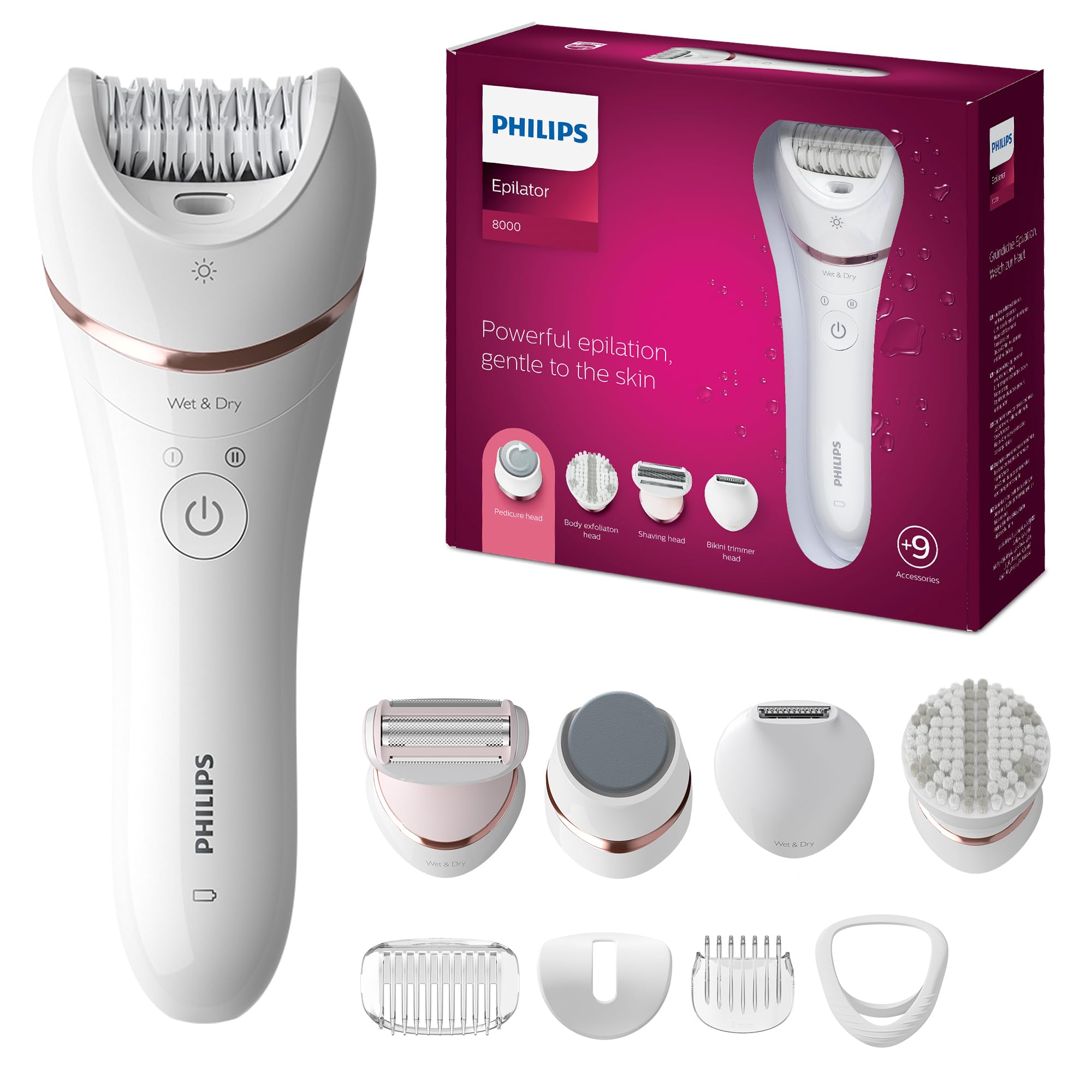 Philips Beauty Epilator Series 8000, Electric Hair Removal Device with 5‑in‑1 Shaver, Trimmer, Pedicure & Body Exfoliator, 9 Accessories, BRE740/14