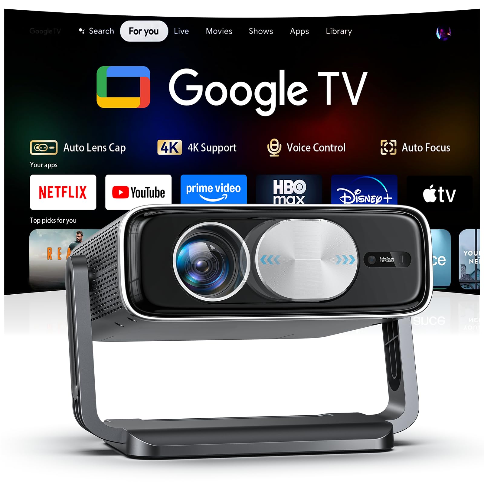 [Projector Built-in Google TV/4K Support/Auto Lens Cap] 2200ANSI Projector with WiFi and Bluetooth, Auto Focus Smart Movie Projector with Adjustable Stand, Proyector for Bedroom/Home/Celling