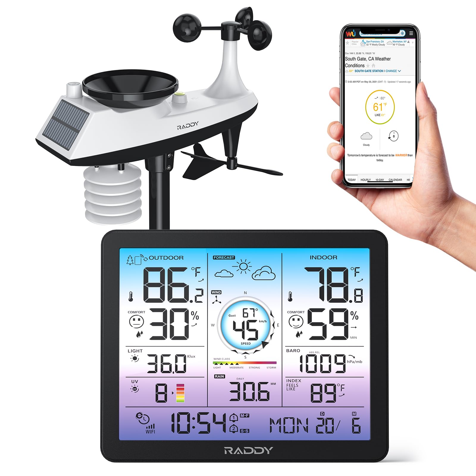 Raddy VP7 Wi-Fi Weather Station, 15-in-1 Wireless Color Display