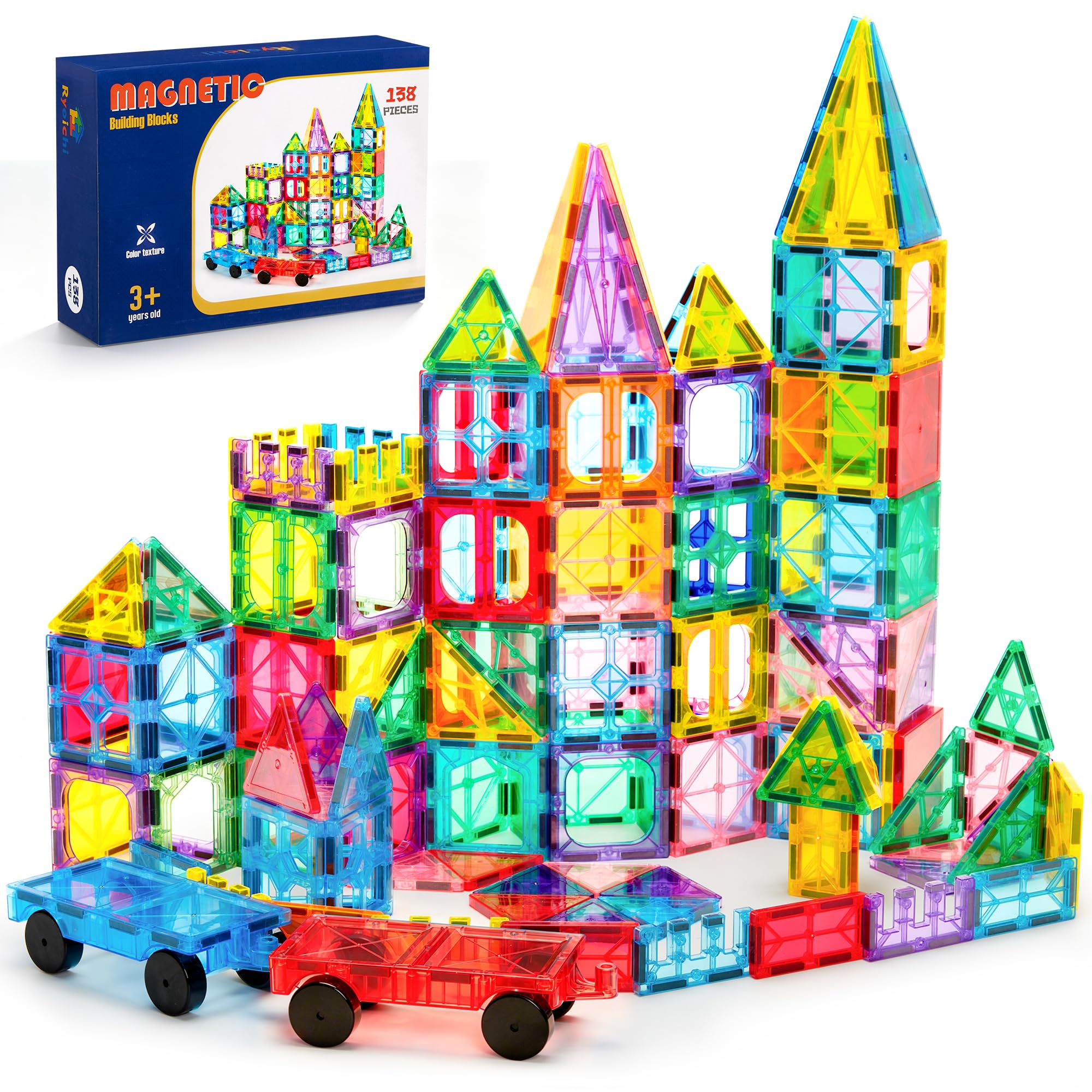 Ryoichi 138PCS Magnetic Building Tiles Set with 2 Cars, STEM Educational Construction Blocks & Montessori Learning Toys for Kids Ages 3-9+ Years