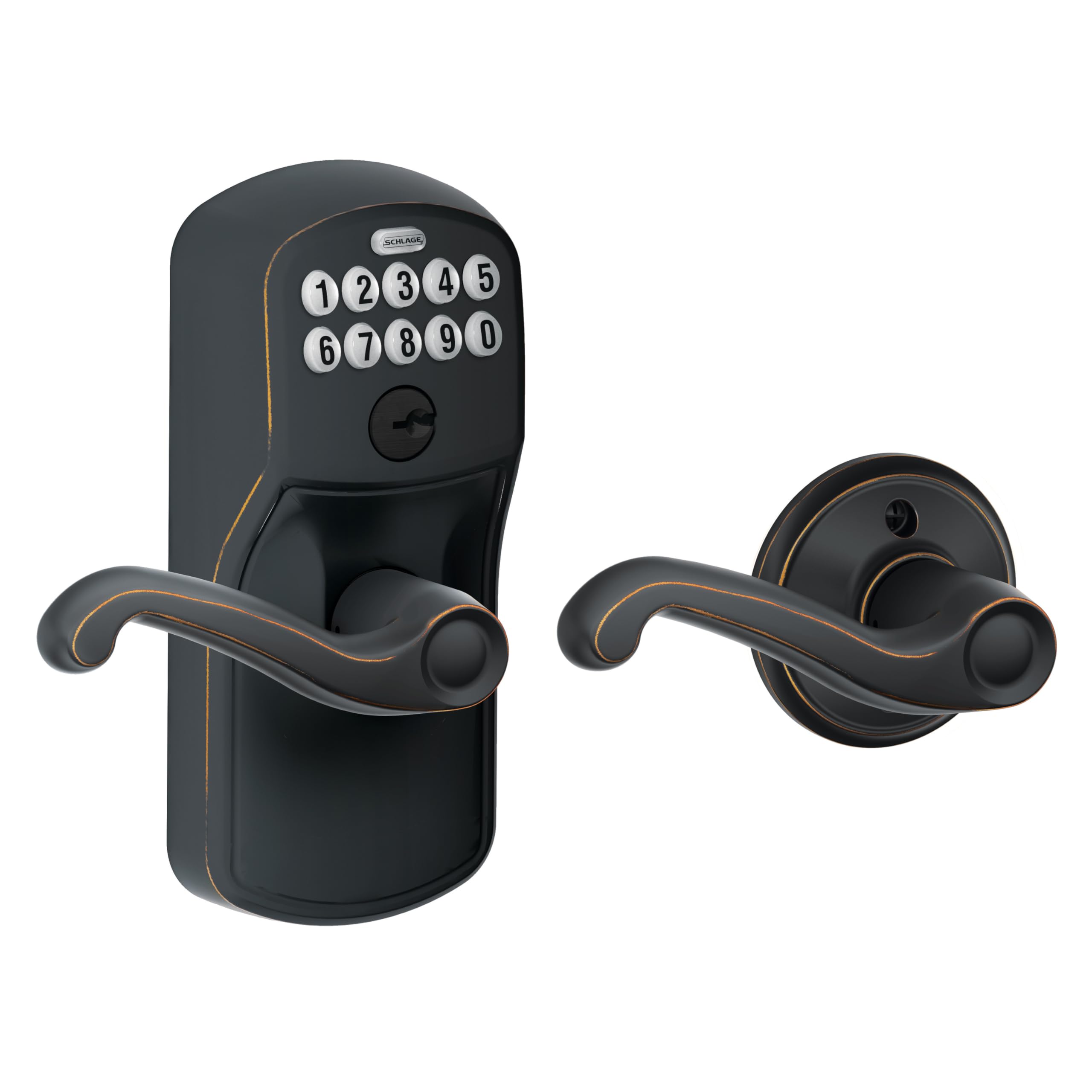 Schlage Plymouth Keypad Lock with Lever Handle, Electronic Keyless Door Entry, Auto‑Lock Enabled, Aged Bronze, FE575 PLY 716 FLA