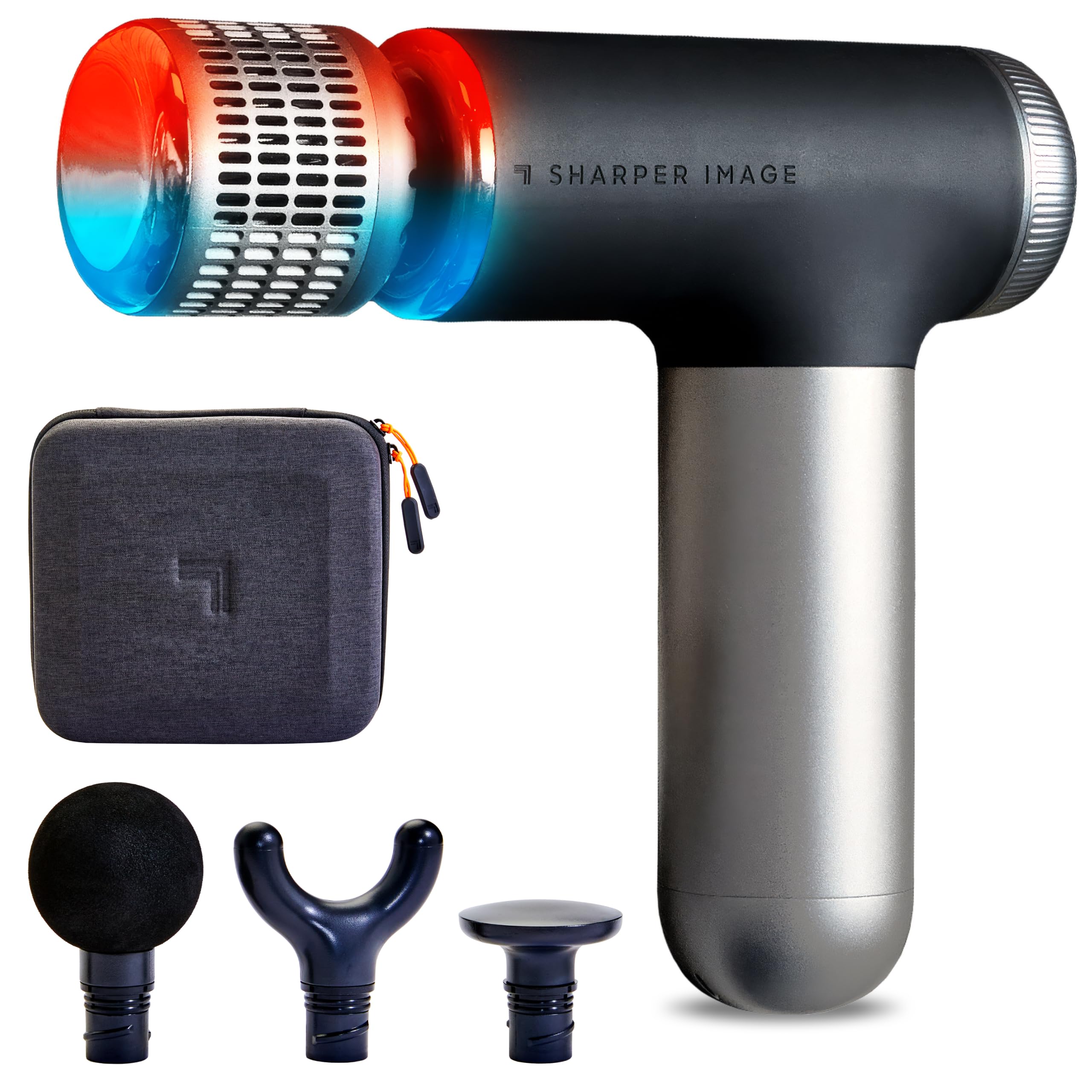 Sharper Image Powerboost Pro+ Hot & Cold Compact Percussion Massager, Dual-Temperature Node, Soothing Heat & Cold Therapy, 6 Speed, 4 Attachments, Lightweight Portable Athlete Recovery, Travel Case