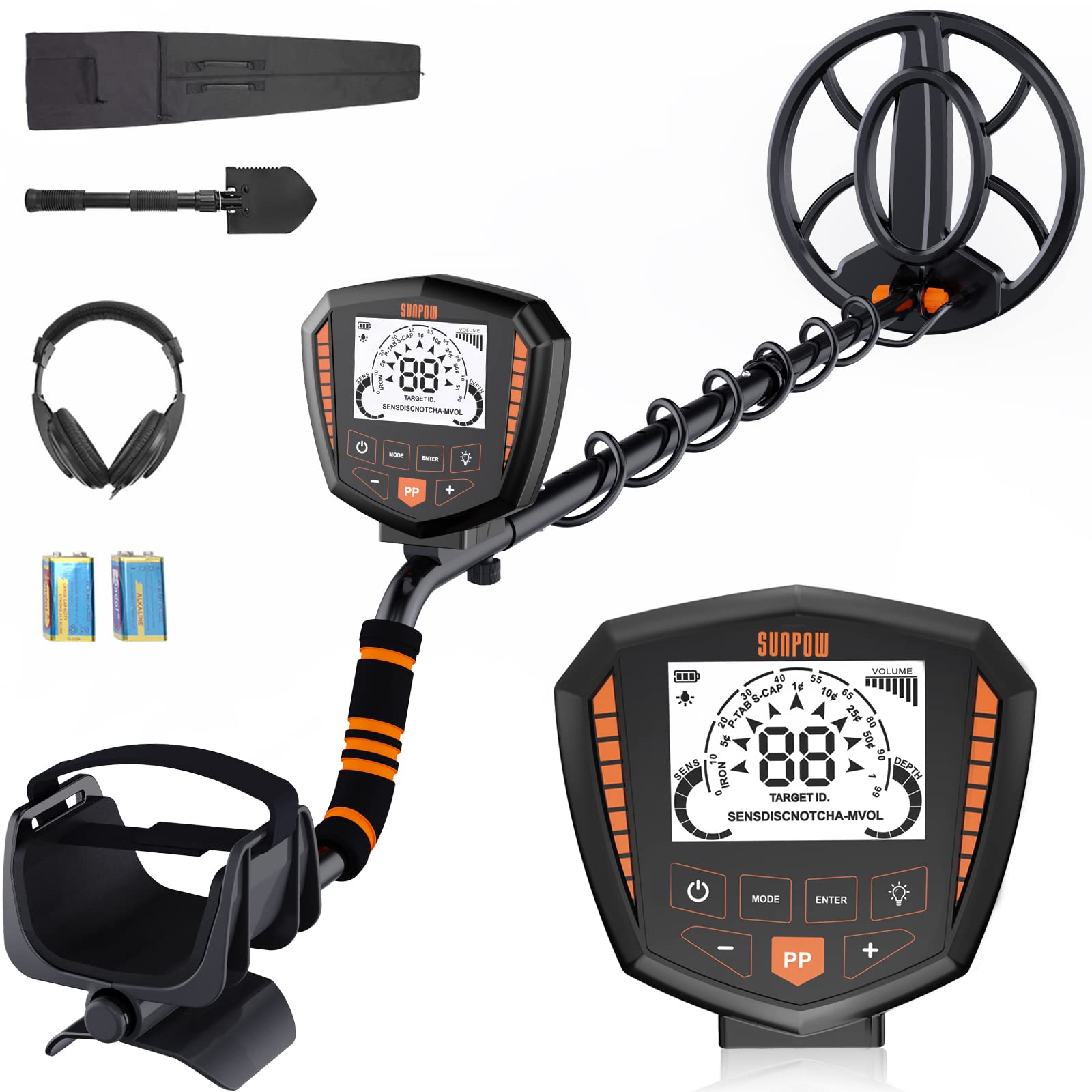 SUNPOW Metal Detectors for Adults, IP68 Waterproof Coil, Identify 9 Types of Metals, High Accuracy, 10 Inch Detection Depth, 5 Modes, Strong Anti-Interference (OT-MD07)