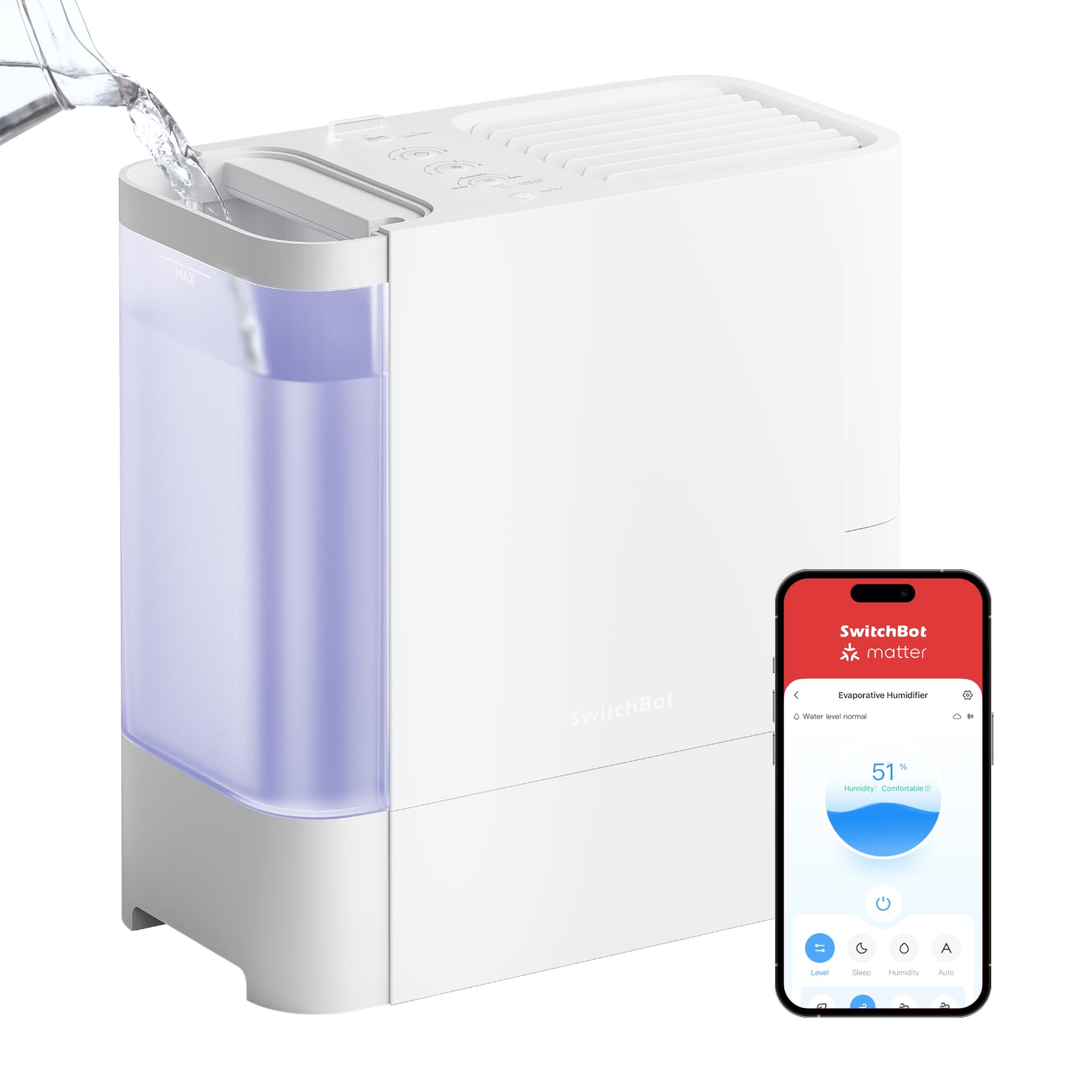 SwitchBot Evaporative Humidifier for Bedroom 4.5L, No Mist No White Dust, 750ml/h, Support Matter, Tap Water Fillable, Washable Filter, for Baby, Plants, Indoor, Works with Alexa, Google & Apple Home