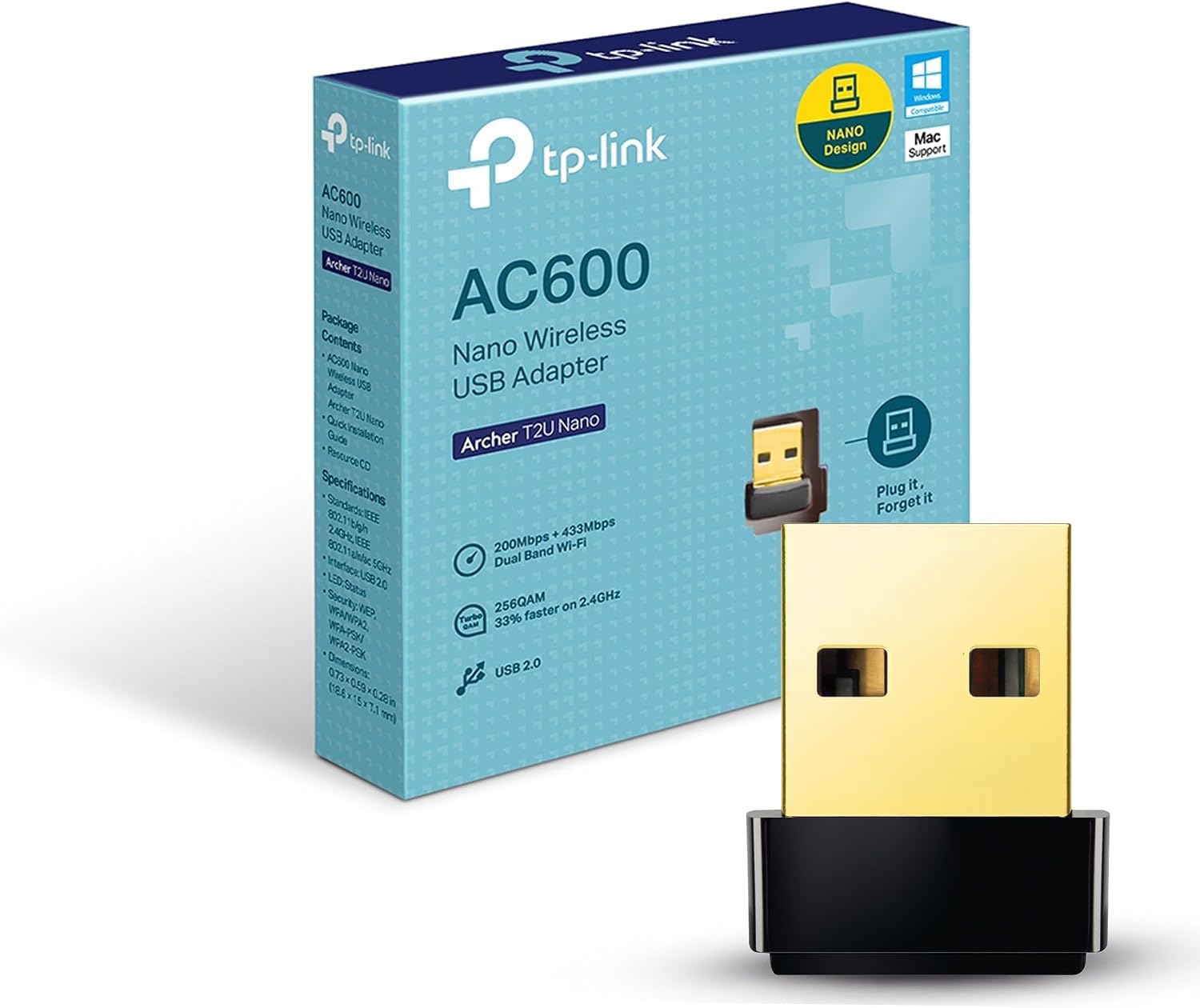 TP-Link Mini - AC600 USB 2.0 Wifi Adapter (Archer T2U Nano) - 2.4G/5G Dual Band Wireless Network Adapter for PC Desktop, Mini Travel Size, Supports Windows 11/10/8.1/8/7/XP, Mac OS 10.9-10.15