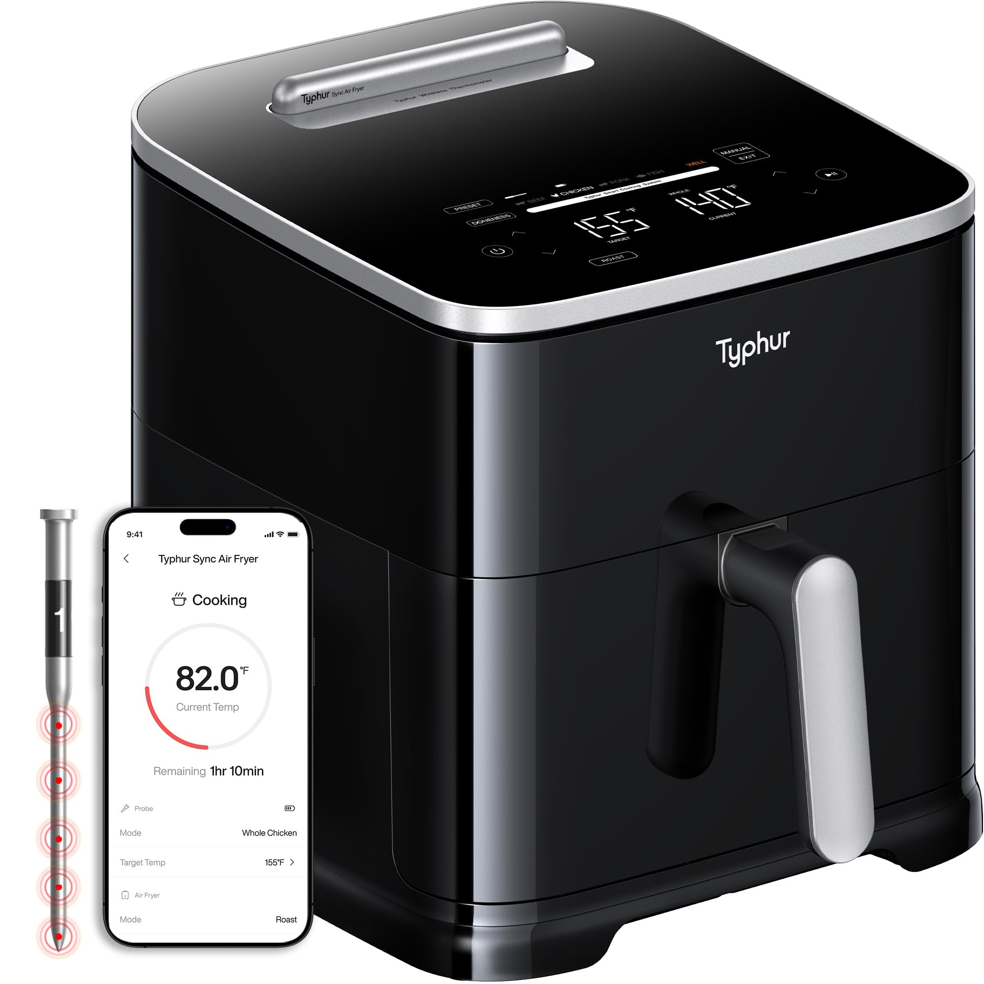 Typhur Sync 8QT Air Fryer with Built-in Wireless Thermometer, 9-in-1 Smart Airfryer with PFAS free Ceramic Nonstick Basket for Quick Easy Meals, Cooks 6lb Whole Chicken, Dishwasher Safe Parts