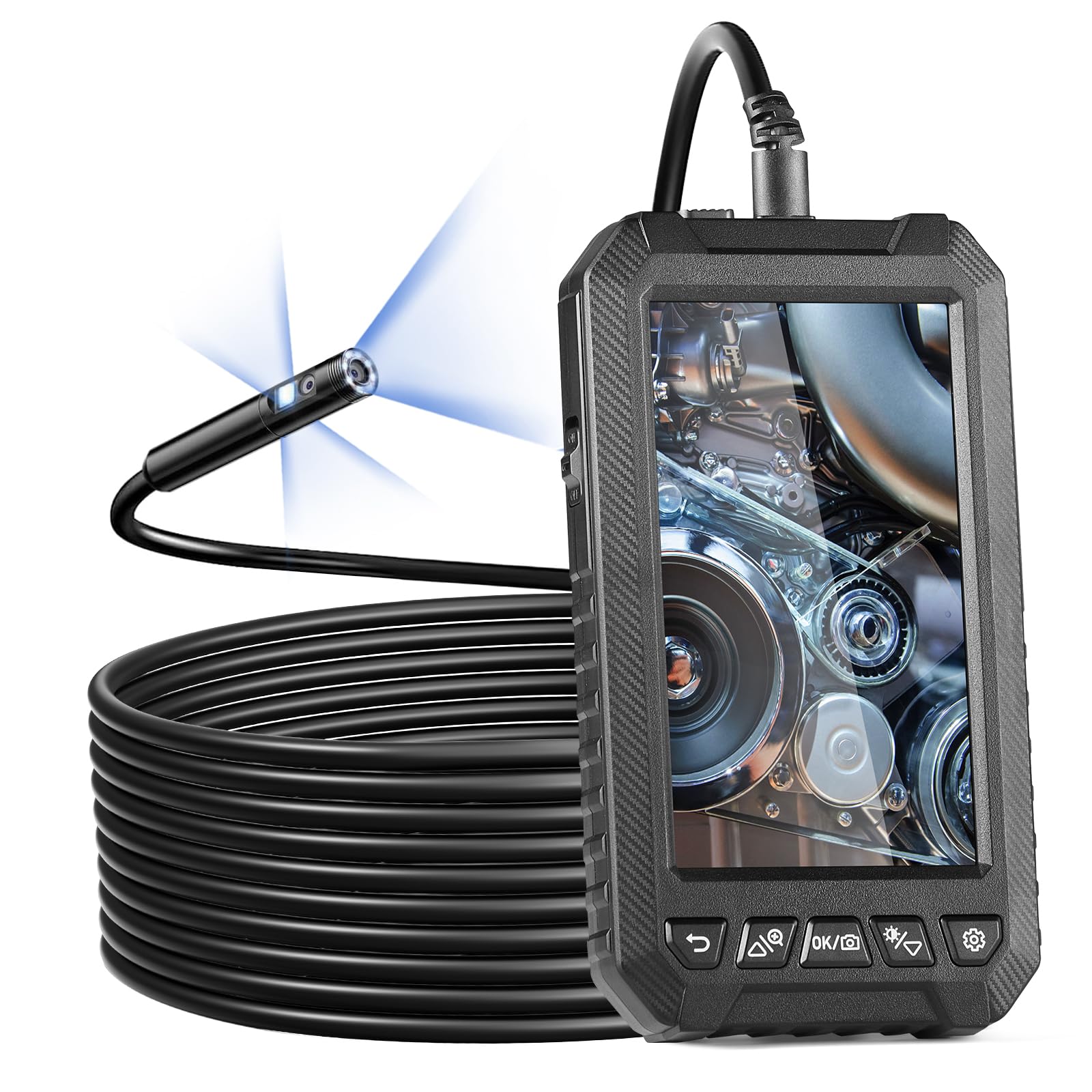 VEVOR Endoscope Camera with Light, Triple Lens Industrial Borescope, 5" Screen 1080P Inspection Camera, 8 + 2 Lights, IP67 Waterproof Snake Cameras for Automotive, Plumbing (16.4FT Cable, 32GB Card)