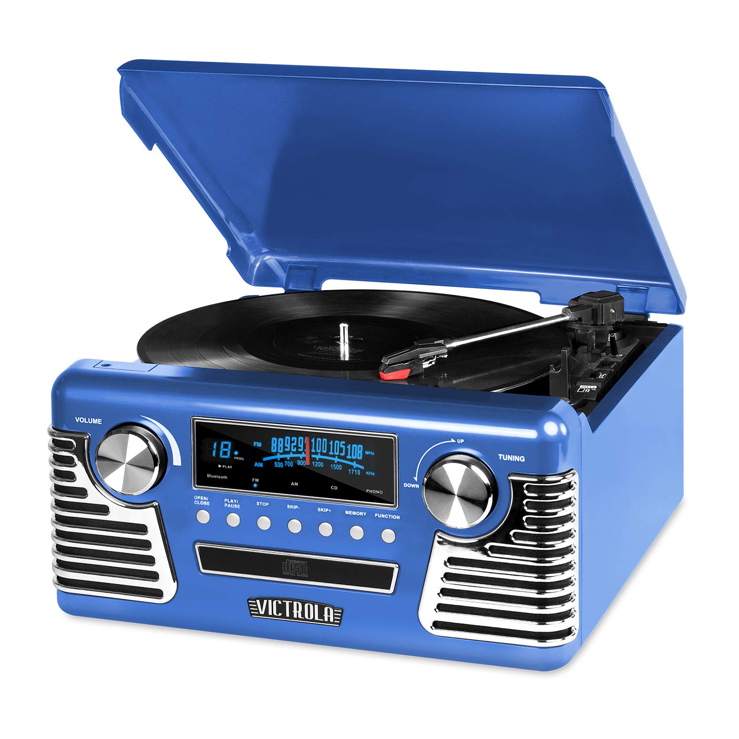 Victrola Haley Retro Bluetooth Record Player & Multimedia Center with Built-in Speakers - 3-Speed Turntable, CD Player, AM/FM Radio, 3.5mm Aux-In, Wireless Music Streaming, Blue