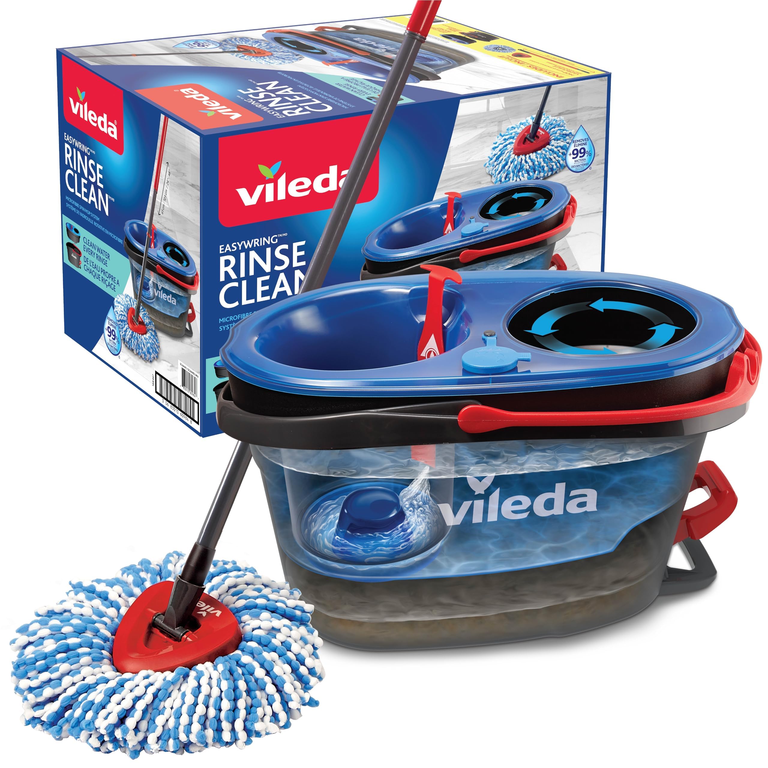 Vileda RinseClean Spin Mop & Bucket System  2-Tanks Separate Clean and Dirty Water  Machine Washable and Reusable Microfibre Mop Head Replacement  Hands-Free Wringing Bucket