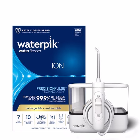 Waterpik ION Professional Water Flosser Rechargeable and Portable 10 Settings 7 Flossing Tips ADA Accepted White