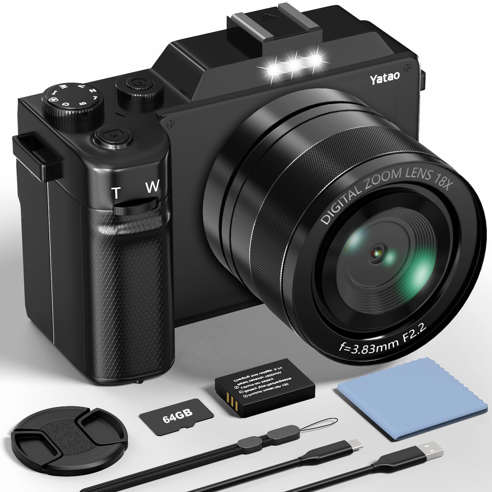 Yatao 5K Digital Camera with Front and Rear Camera,64MP Cameras for Photography, 18X Zoom,64GB Card,Vlogging Kit for YouTube,Ideal for Beginners