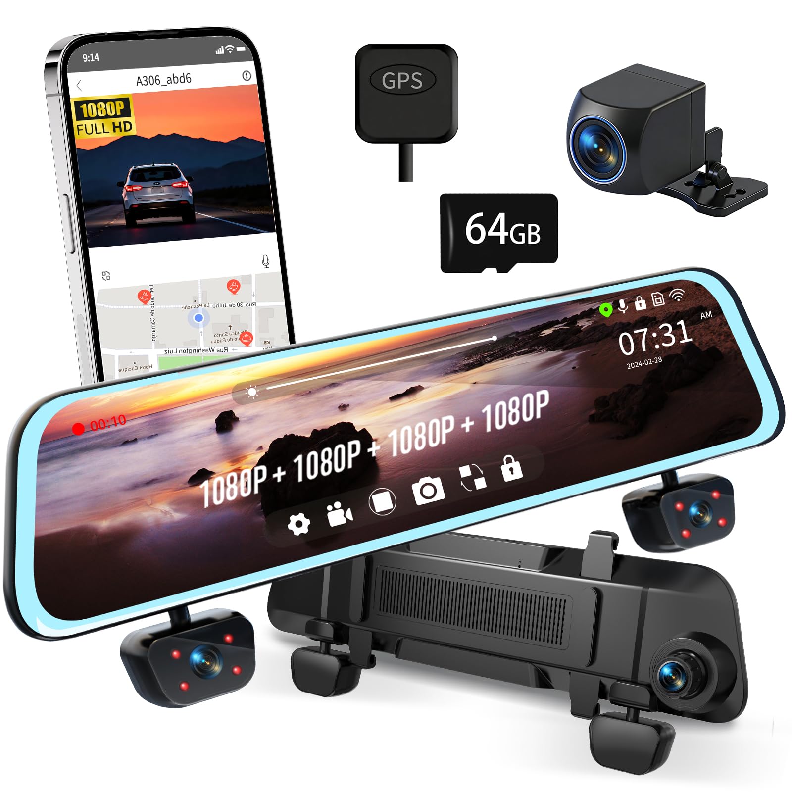 Zunfly Mirror Dash Cam 4 Channel Dash Cam Front and Rear/Inside, Touch Screen 12’’ FHD 1080Px4 Rear View Mirror Camera, 8 IR Night Vision, Built-in WiFi, GPS, Parking Monitor