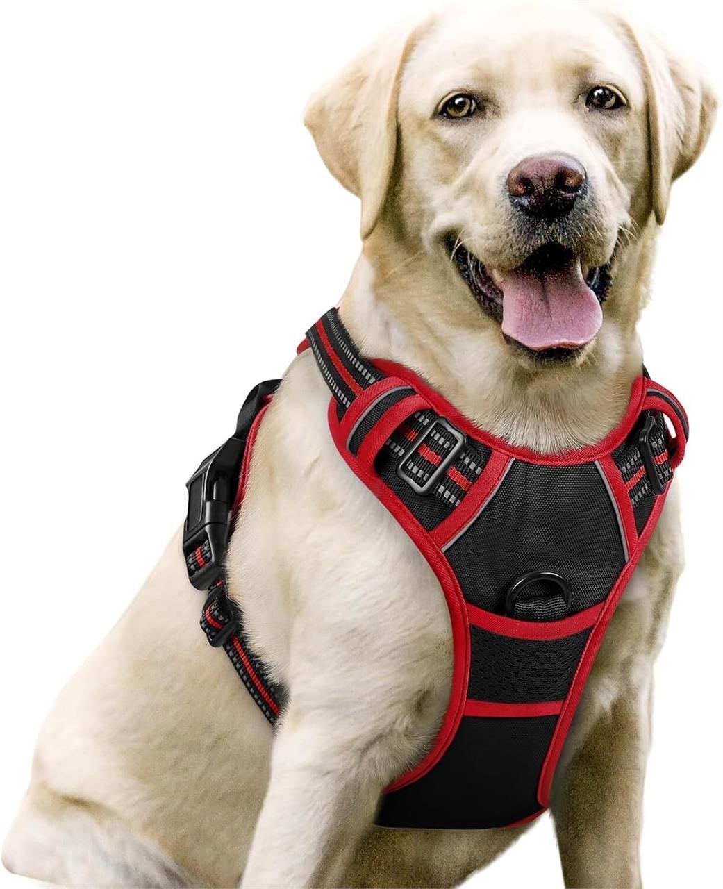 rabbitgoo Dog Harness, No-Pull Pet Harness with 2 Leash Clips, Adjustable Soft Padded Vest, Reflective No-Choke Pet Oxford Vest with Easy Control Handle for Large Dogs, Black & Red, L
