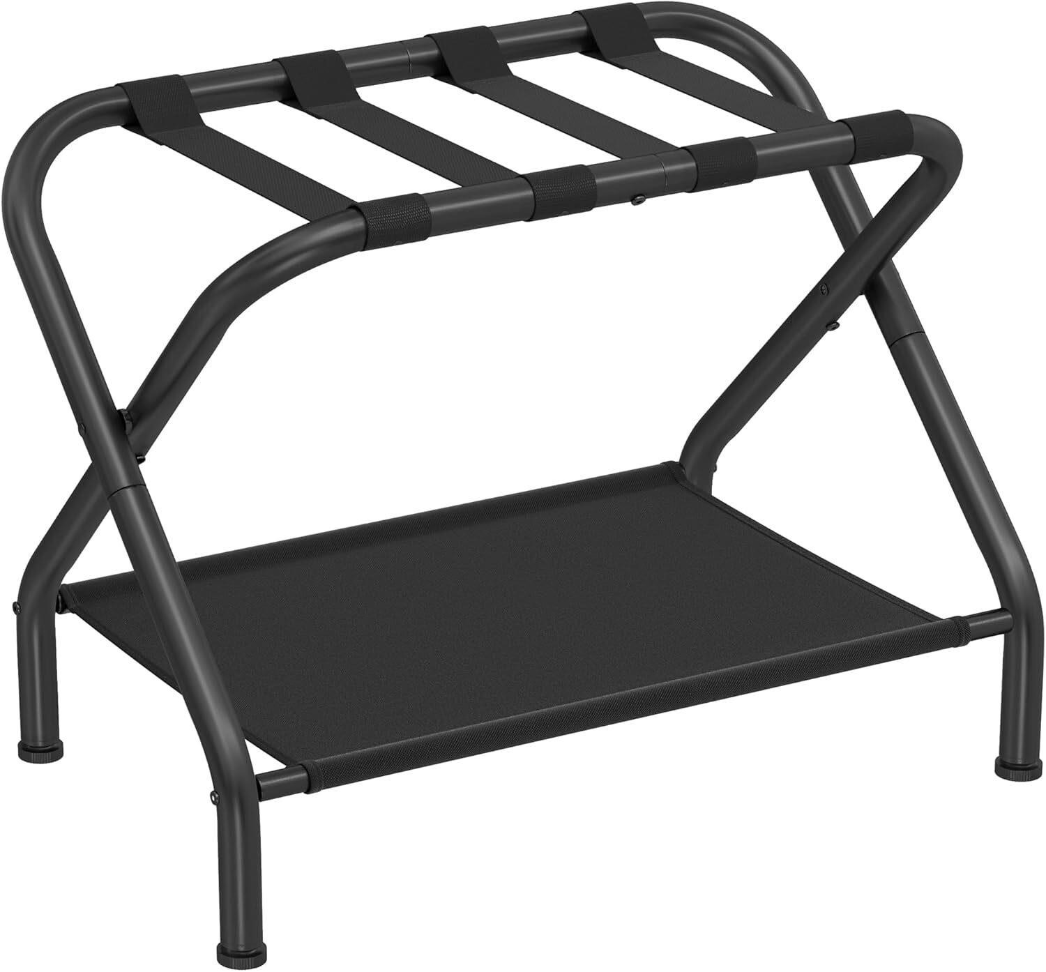 SONGMICS Luggage Rack, Suitcase Stand with Fabric Storage Shelf, for Guest Room, Bedroom, Hotel, Foldable, Holds up to 50 kg, 69 x 38 x 52 cm, Black URLR002B01V1