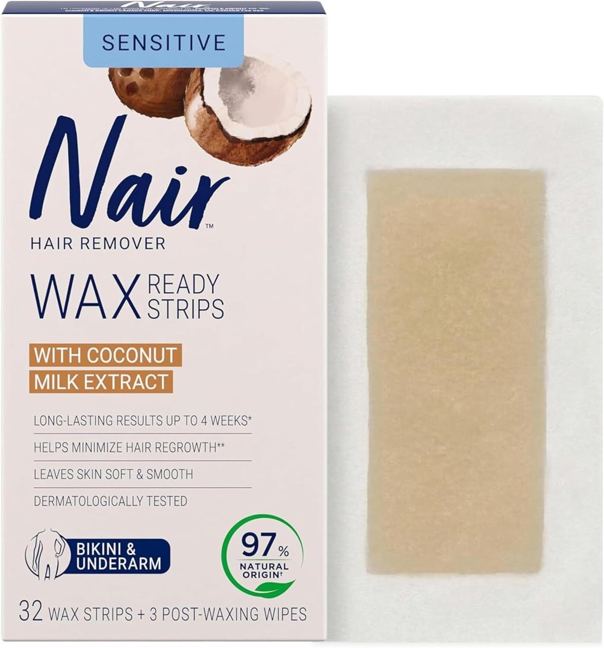 Nair Wax Ready Strips for Bikini and Underarm with Coconut Milk Oil, Easy No-Rubbing Sensitive Skin Hair Removal, Up to 4 Weeks Smoothness, 32 Medium Strips + 3 Wipes