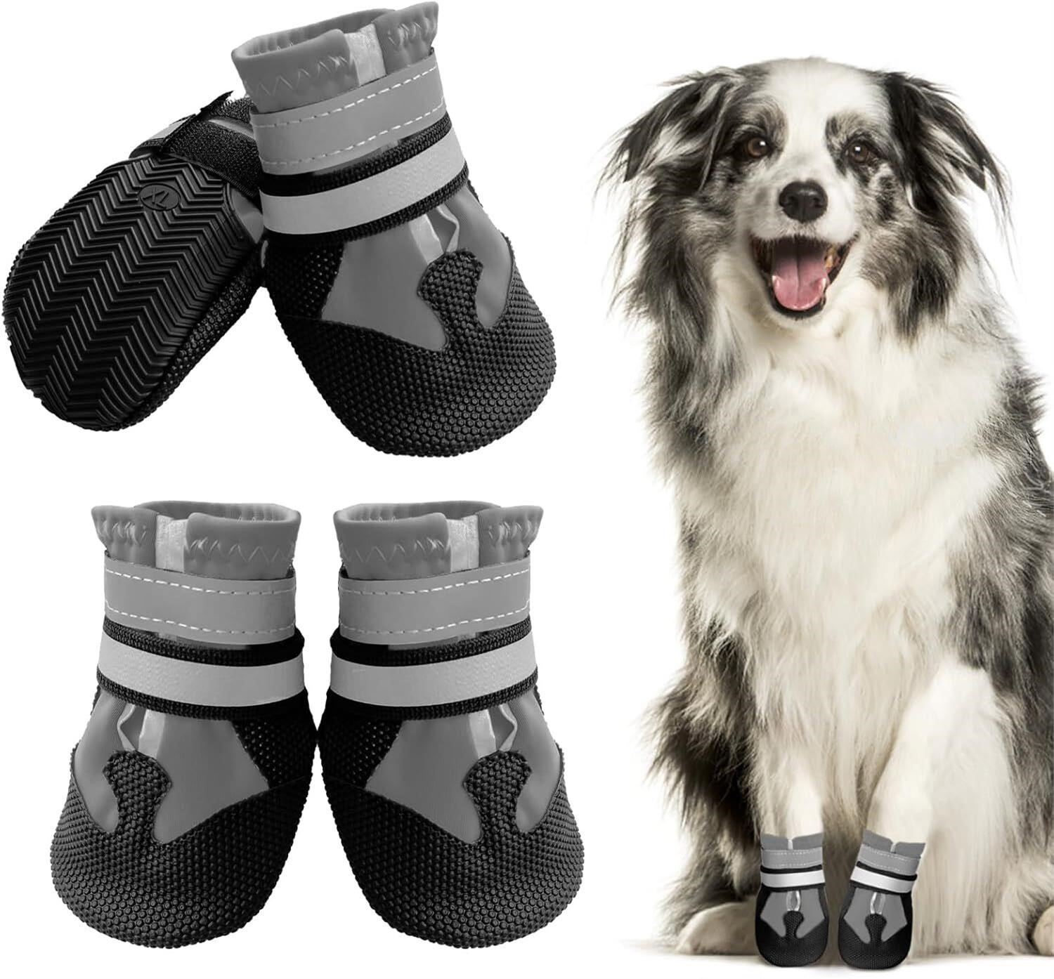 Dog Boots, Set of 4 Dog Shoes for Injured Paws, Waterproof Dog Shoes with Reflective Straps and Anti-Slip Sole, Paw Protectors for Small Medium Large Dogs (Grey, S)