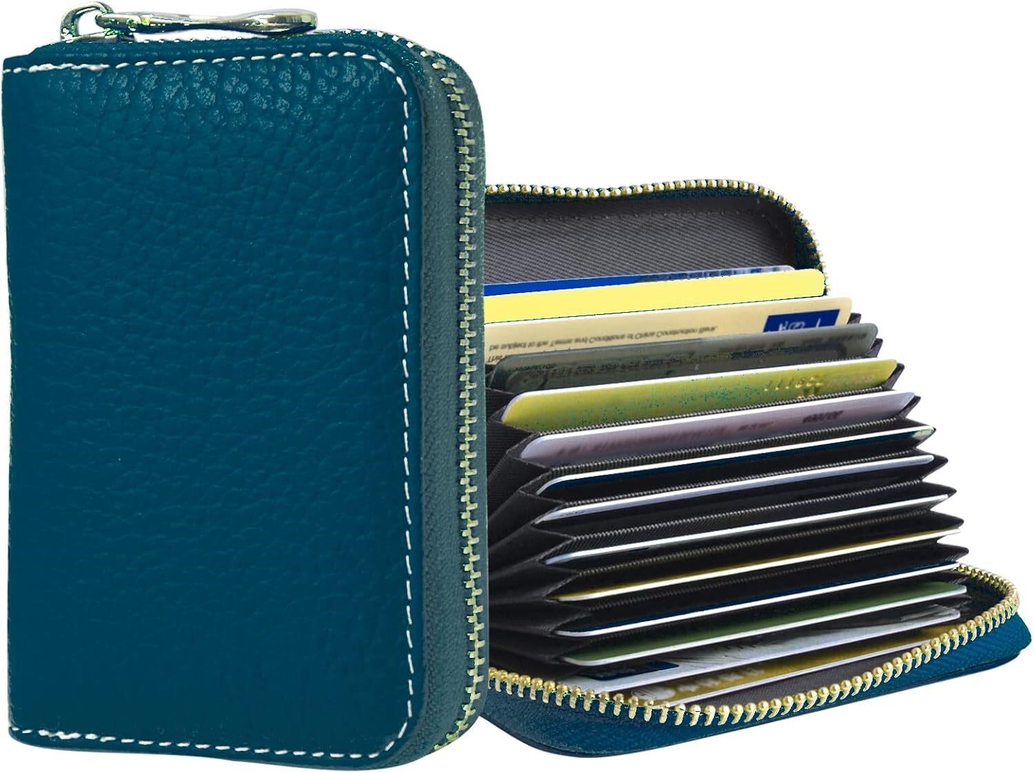 Credit Card Holder Wallet,RFID Blocking Small Wallets Travel Essentials Genuine Leather Credit Card Holder Zipper Small Wallets,Slim Wallet Compact Ladies Wallet for Men Women(Dark Green)