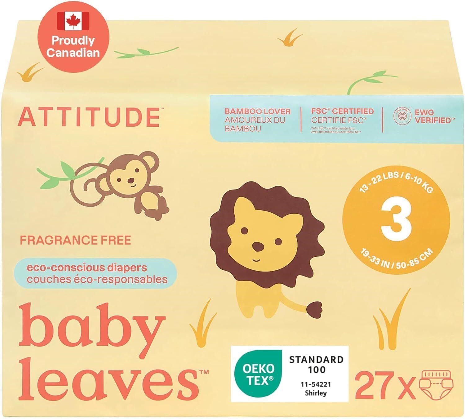 ATTITUDE Eco-Conscious Disposable Diapers, EWG Verified, Size 3 (13-22 lbs), Ultra Absorbent for Baby, Vegan & Plant-Based, 27 Count