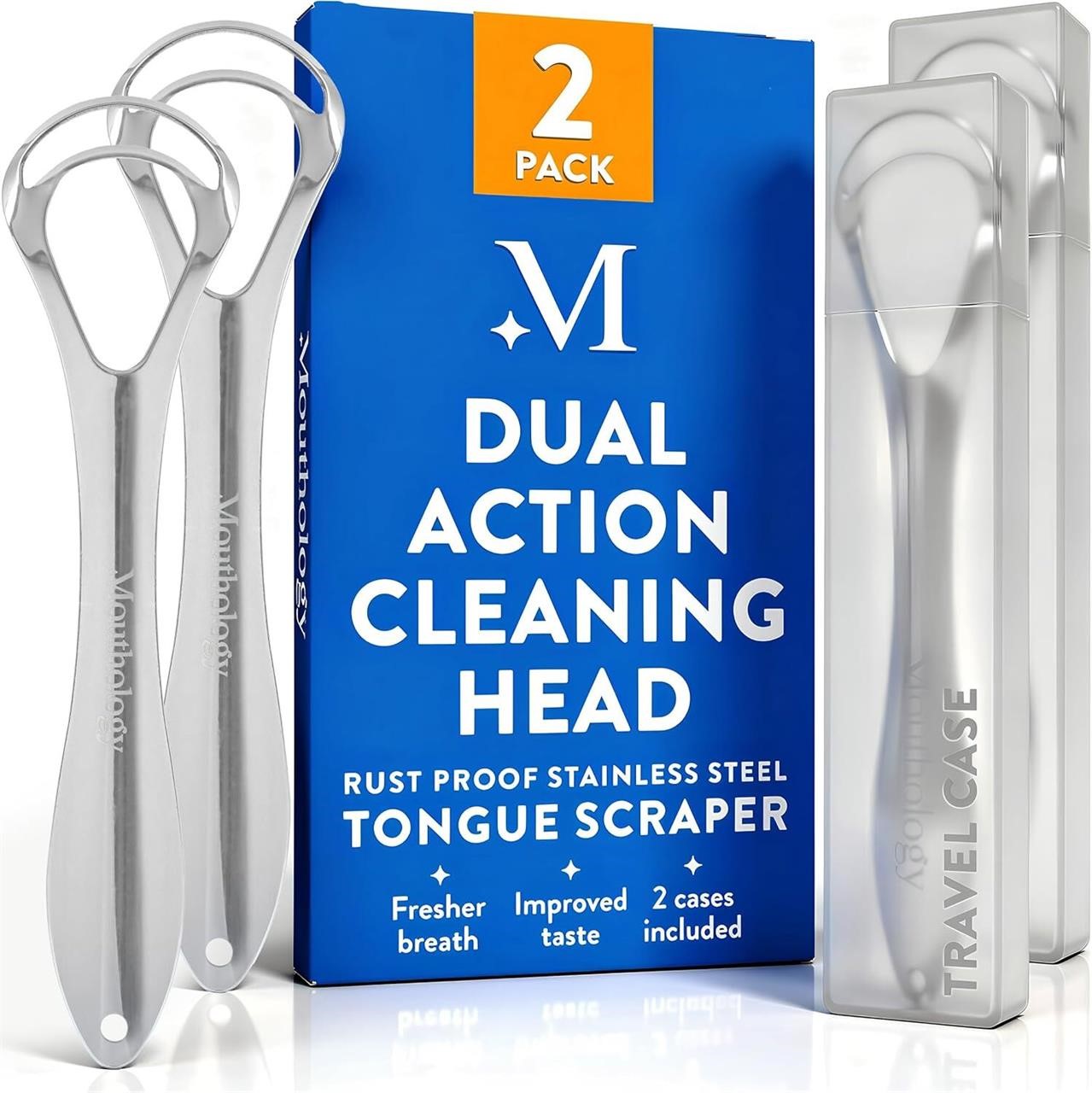 Mouthology Tongue Scraper For Adults (2 Pack), Reduce Bad Breath, Metal Tongue Scraper, Tongue Cleaner, Tongue Scraper, Stainless Steel Tongue Scraper, Tongue Cleaner for Adults, Tongue Scrubber
