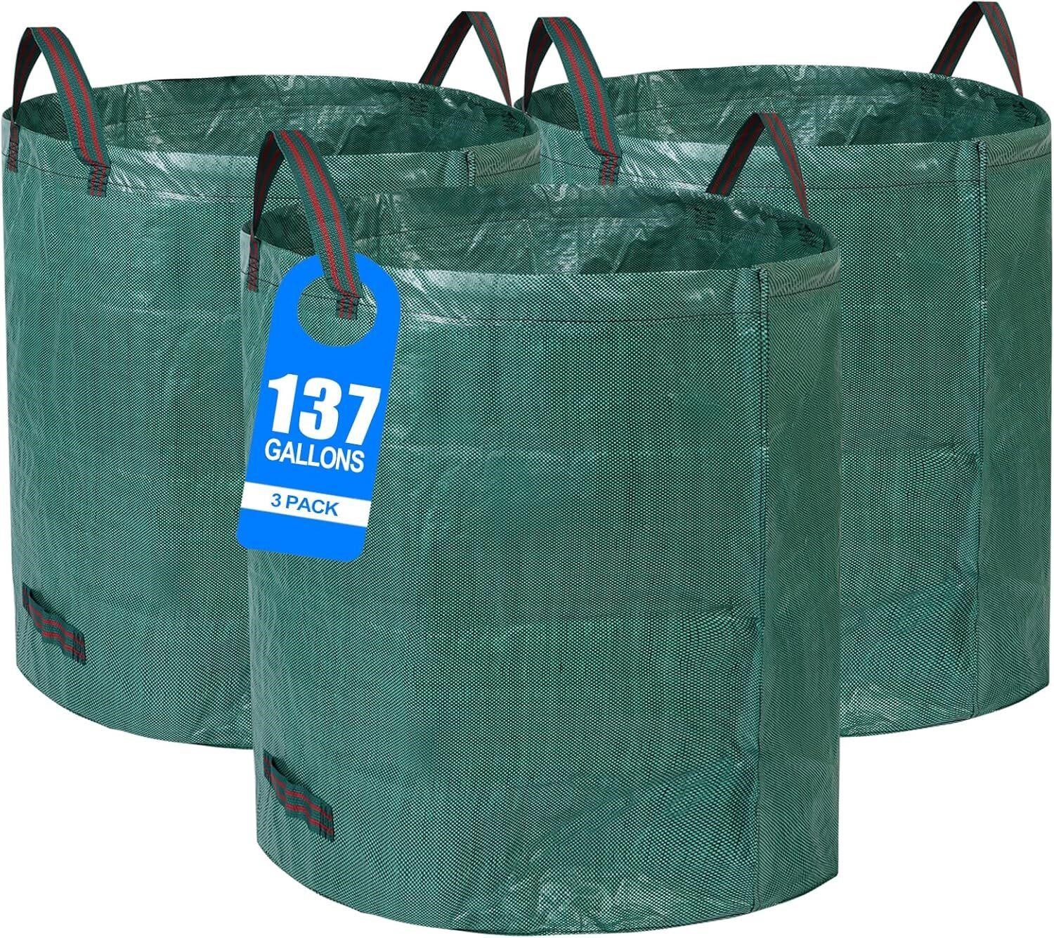 3 Pack 137 Gallons Reusable Yard Waste Bags with Double Bottom Extra Large Leaf Lawn Bags Reusable Heavy Duty With 4 Handles Garden waste Bags Containers for Leaves Debris Grass Clipping