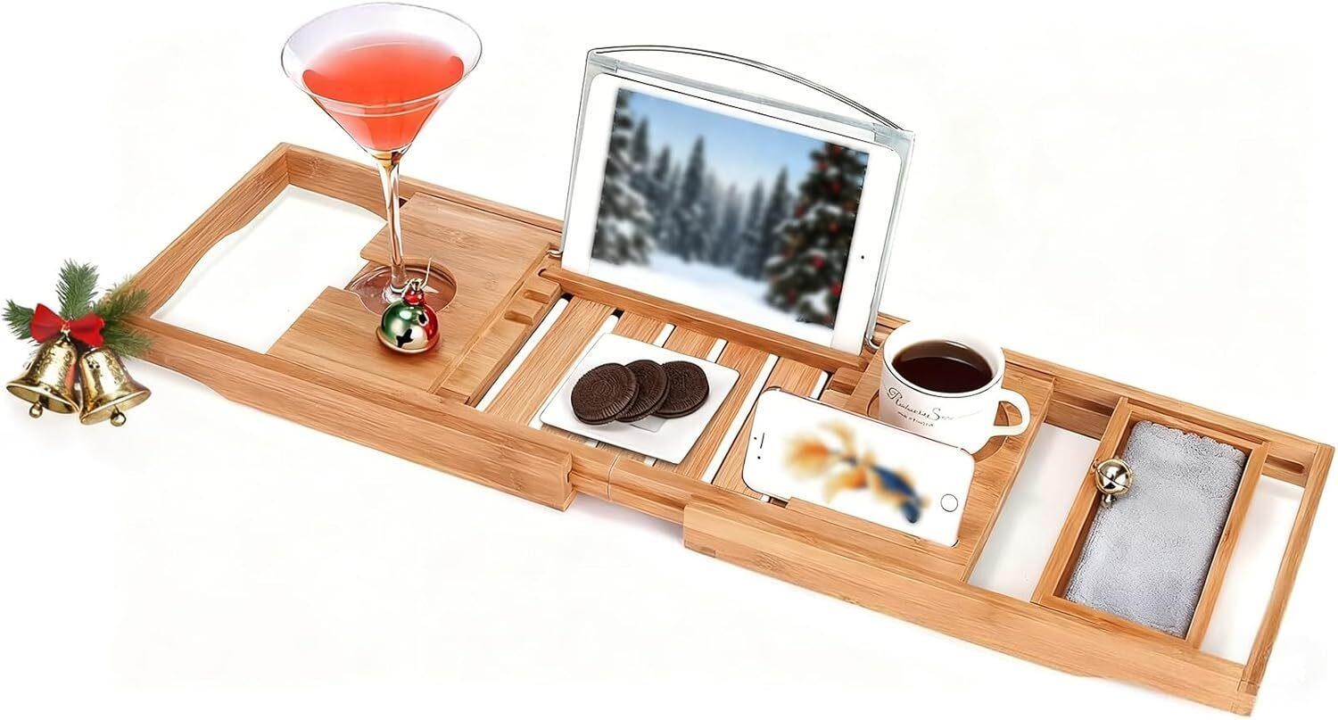 Utoplike Bathtub Caddy Tray, Bamboo Tub Tray with Sliding Towel Holder, Bath Table with Book Holder, Phone Stand and Adjustable Book Reading Rack, Tablet Slots