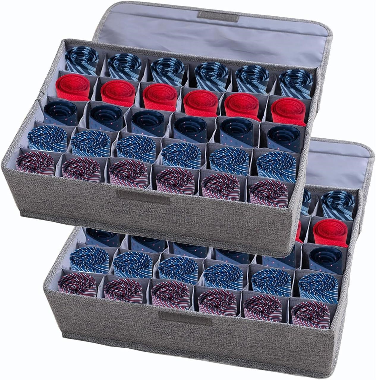 AARAINBOW 2 Packs Tie Storage Box with Lid, 60 Cells Sock Underwear Organizer for Dresser Drawer, Foldable Closet Necktie Holder for Men, Fabric Wardrobe Panty Container for Belt Scarf Lingerie, Gray