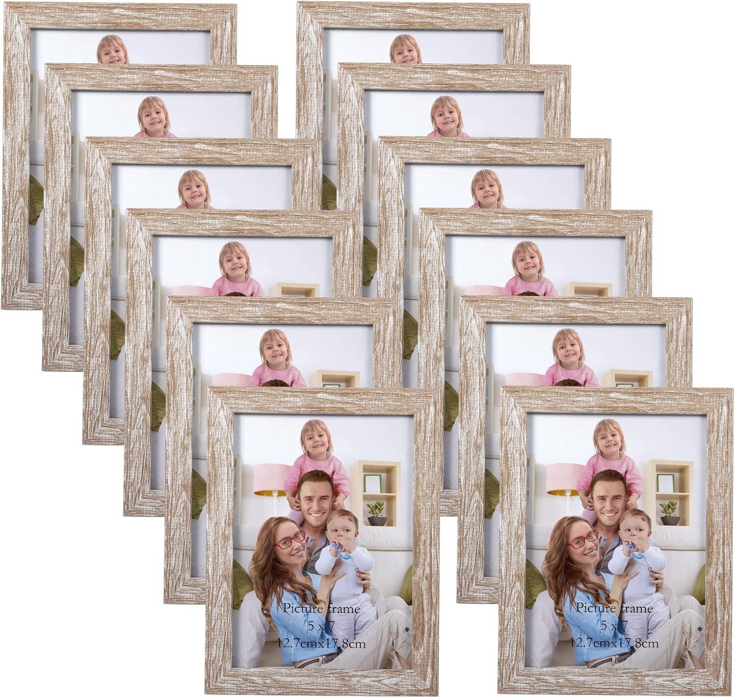 Giftgarden 5x7 Picture Frame Distressed Beige White Set of 12, Multi Rustic Wood Grain 5 by 7 Photo Frames Bulk for Wall or Tabletop Display