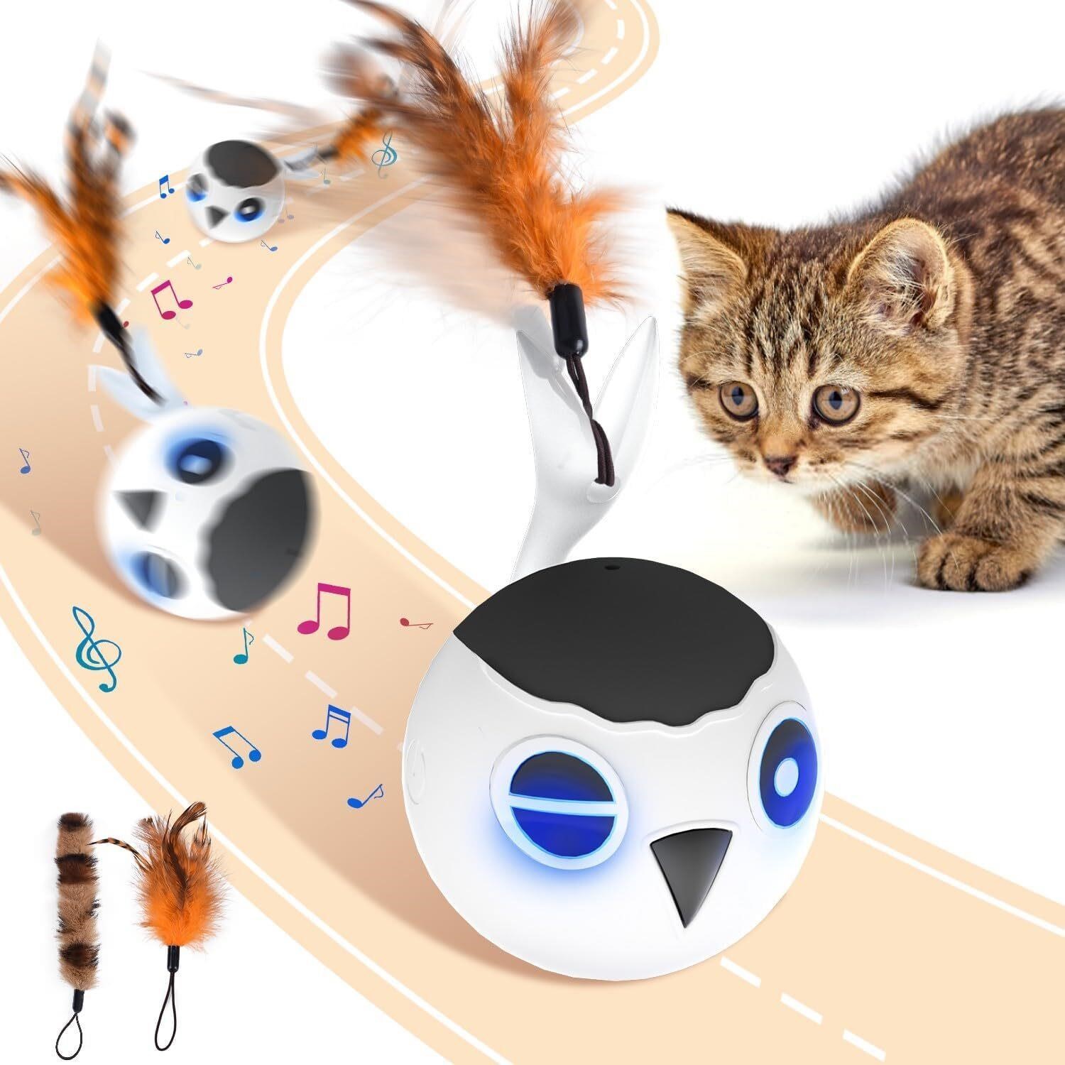 ORSDA Cat Toys, Interactive Cat Toy Ball for Indoor Cats, Automatic Moving Ball Bird Toy for Bored Indoor Kitten, Motion Activated Fast Moving Chirping Stimulating Light, 2 Feather Tails, White