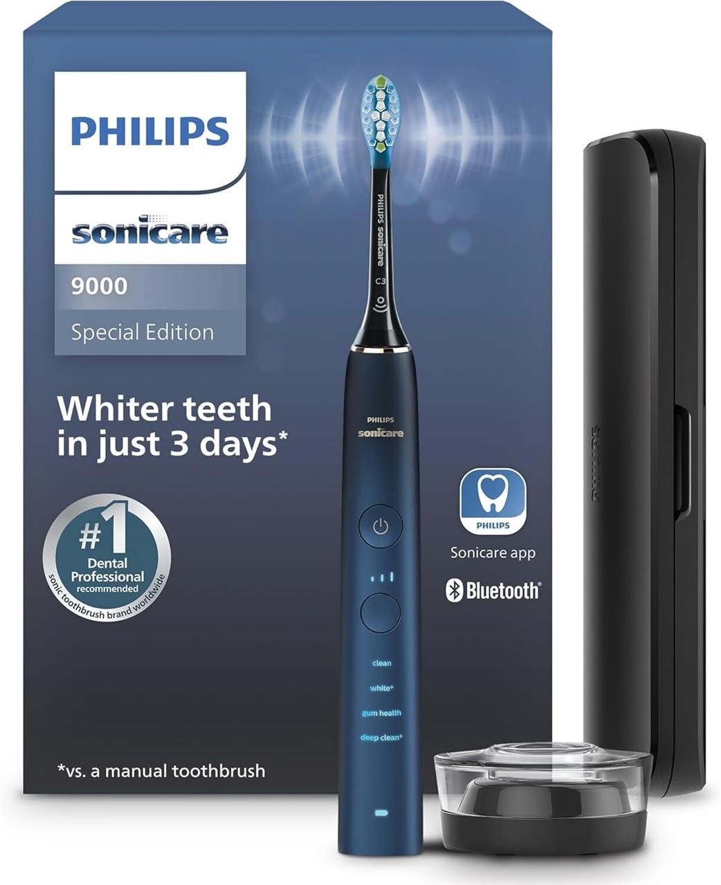 Philips Sonicare DiamondClean 9000 Electric Toothbrush - Sonic Toothbrush with App, Pressure Sensor, 12 Brushing Settings, Replacement Reminder, Charging Stand, Travel Case, Aquamarine, HX9911/92