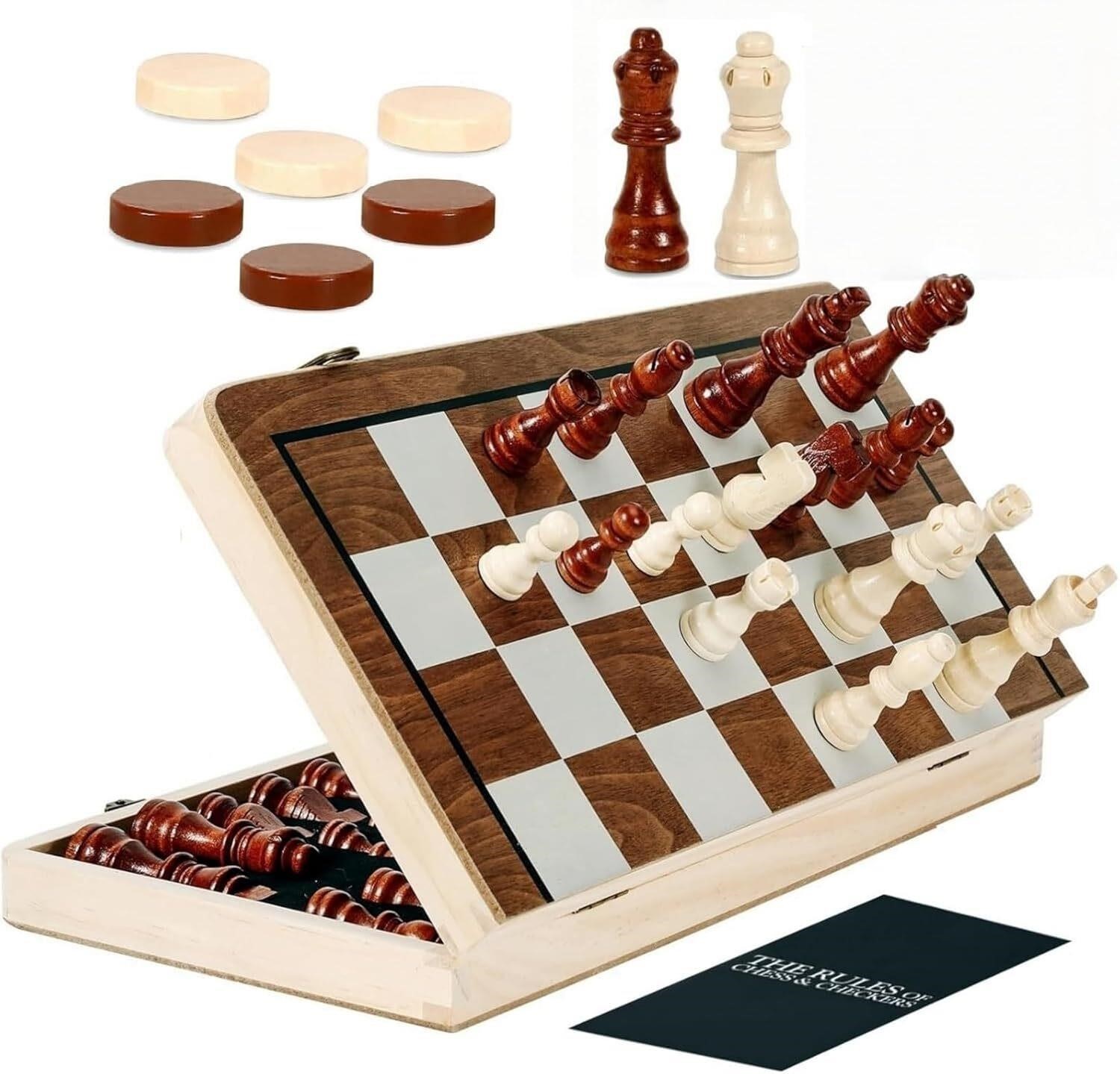 Wooden Chess Board Sets, 15 Inch Chess Set for Adults & Kids, Checkers Board Game, Handmade Folding Chess Boards with 2 Extra Queens