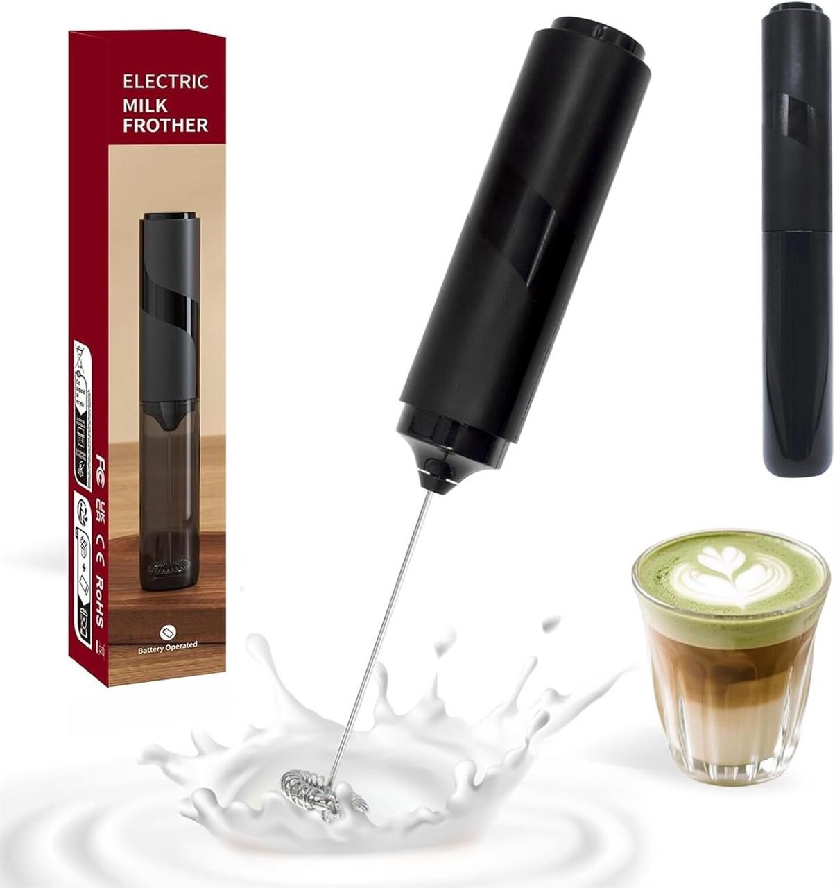 Upgraded Multifunctional Milk Frother Handheld- Battery Operated Electric Foam Maker with Stainless Steel Whisk | Portable Drink Mixer for Coffee, Matcha, Cappuccino, Latte, Hot Chocolate(Black)