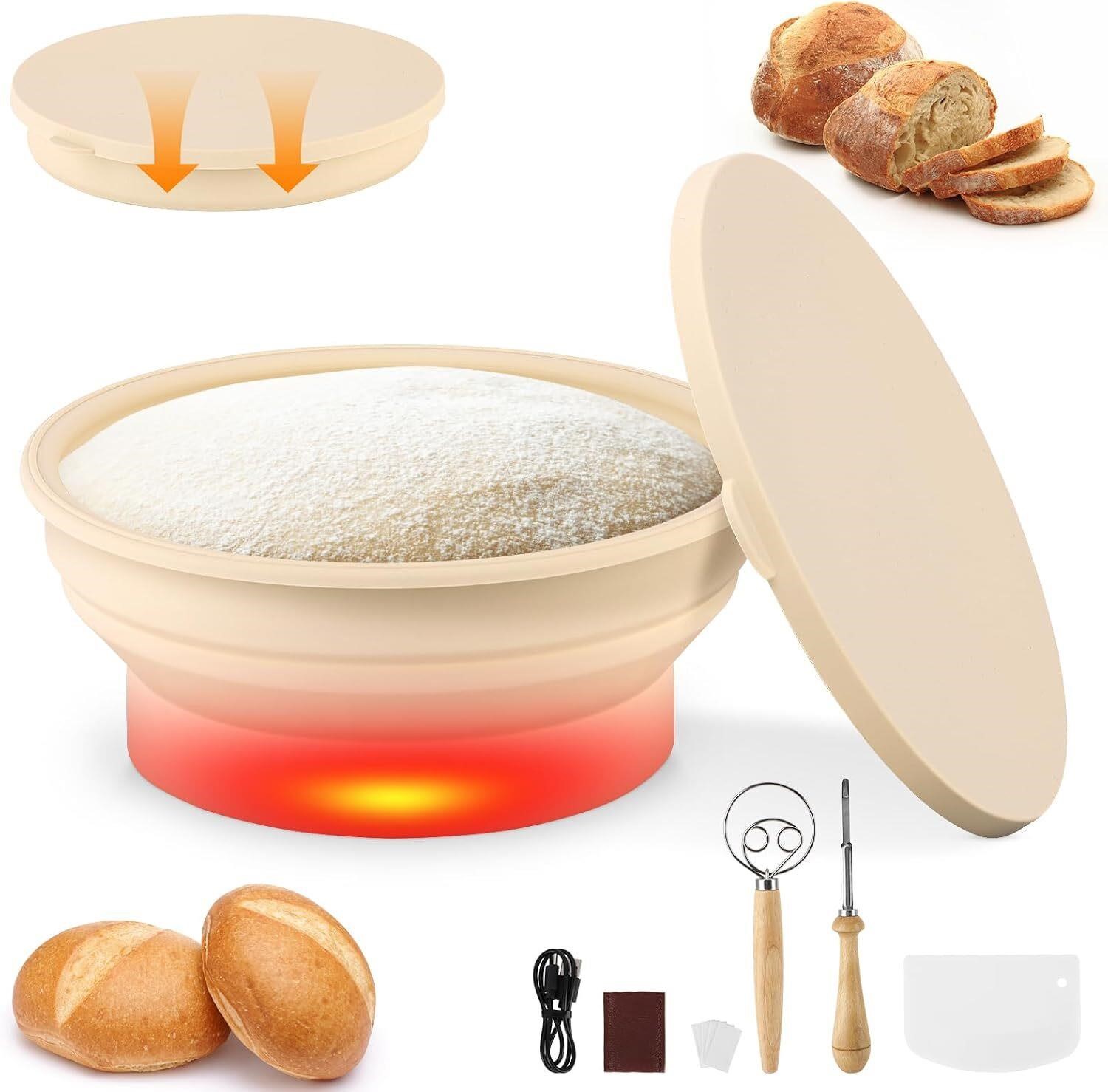9inch Heated Proofing Basket - Graphene Heating 4 Temp Settings 86-113掳F, Food Grade Silicone - Sourdough Proofer for Bread Baking Scraper and Blades